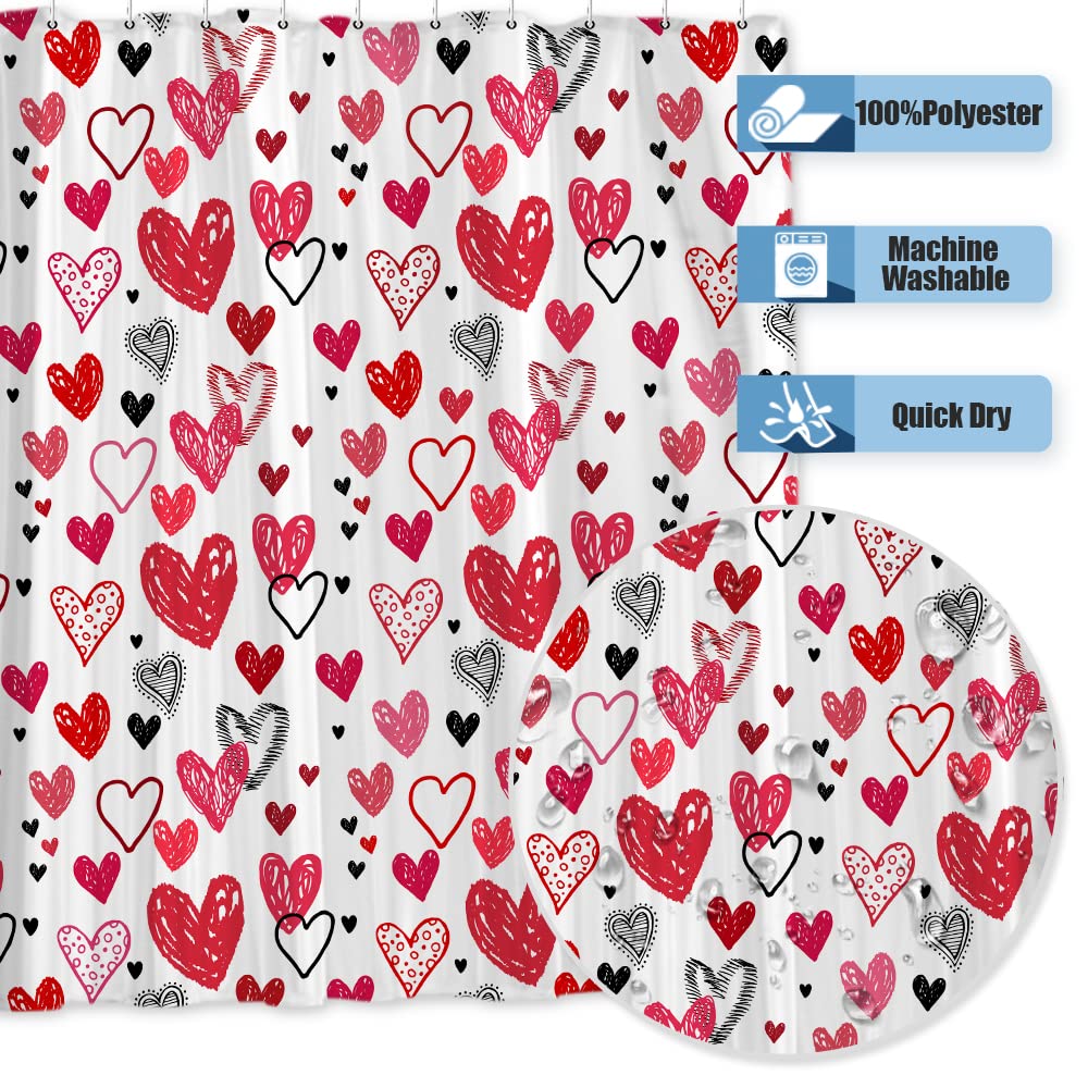 Onecmore Valentine'S Day Doodle Style Hearts Mother'S Day Shower Curtain For Bathroom Decor Romantic Red Pink Black Printed Draw