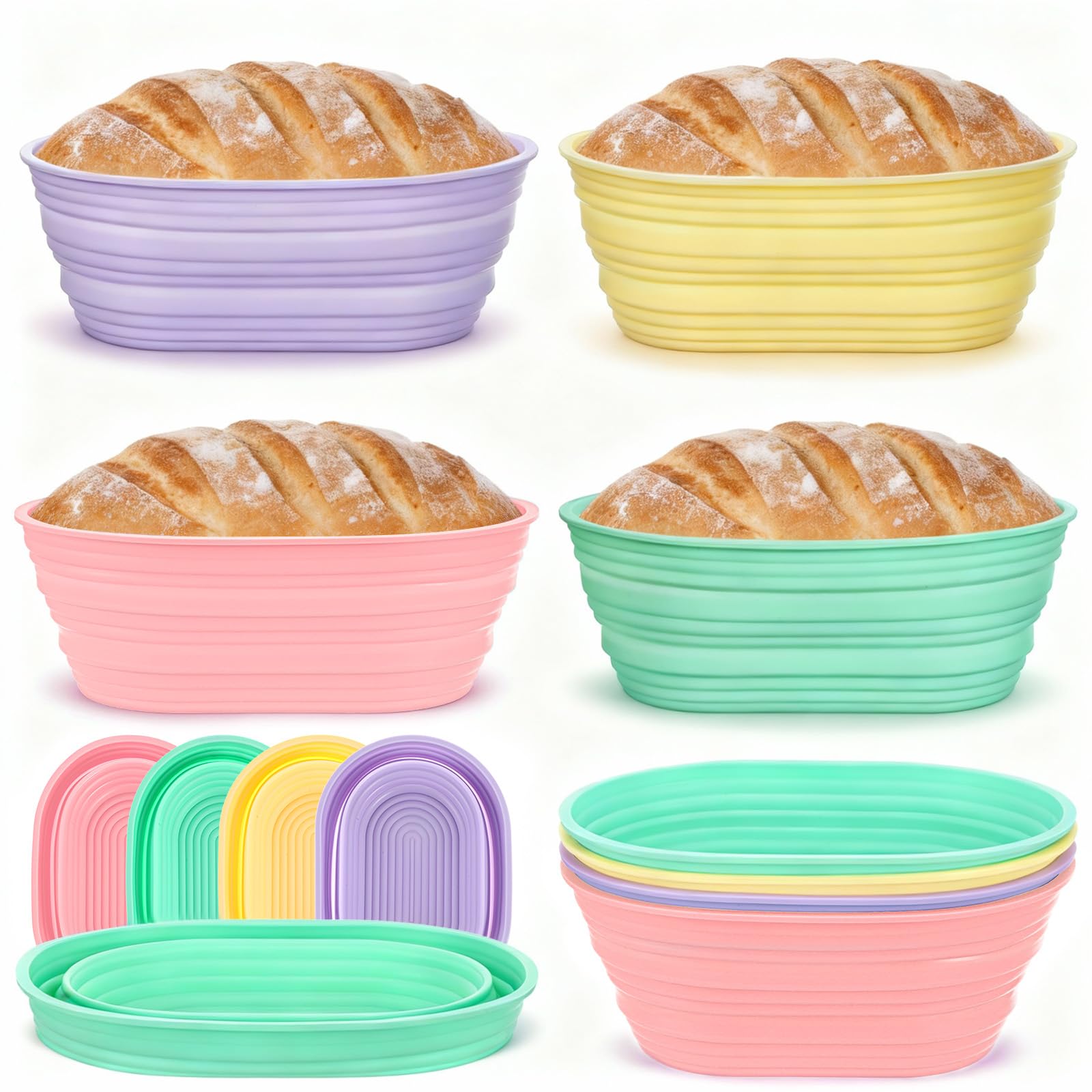4 Pcs Silicone Bread Proofing Baskets, 10 Inch Oval Foldable Banneton Basket, Dough Proofing Bowls Containers Sourdough Baking S