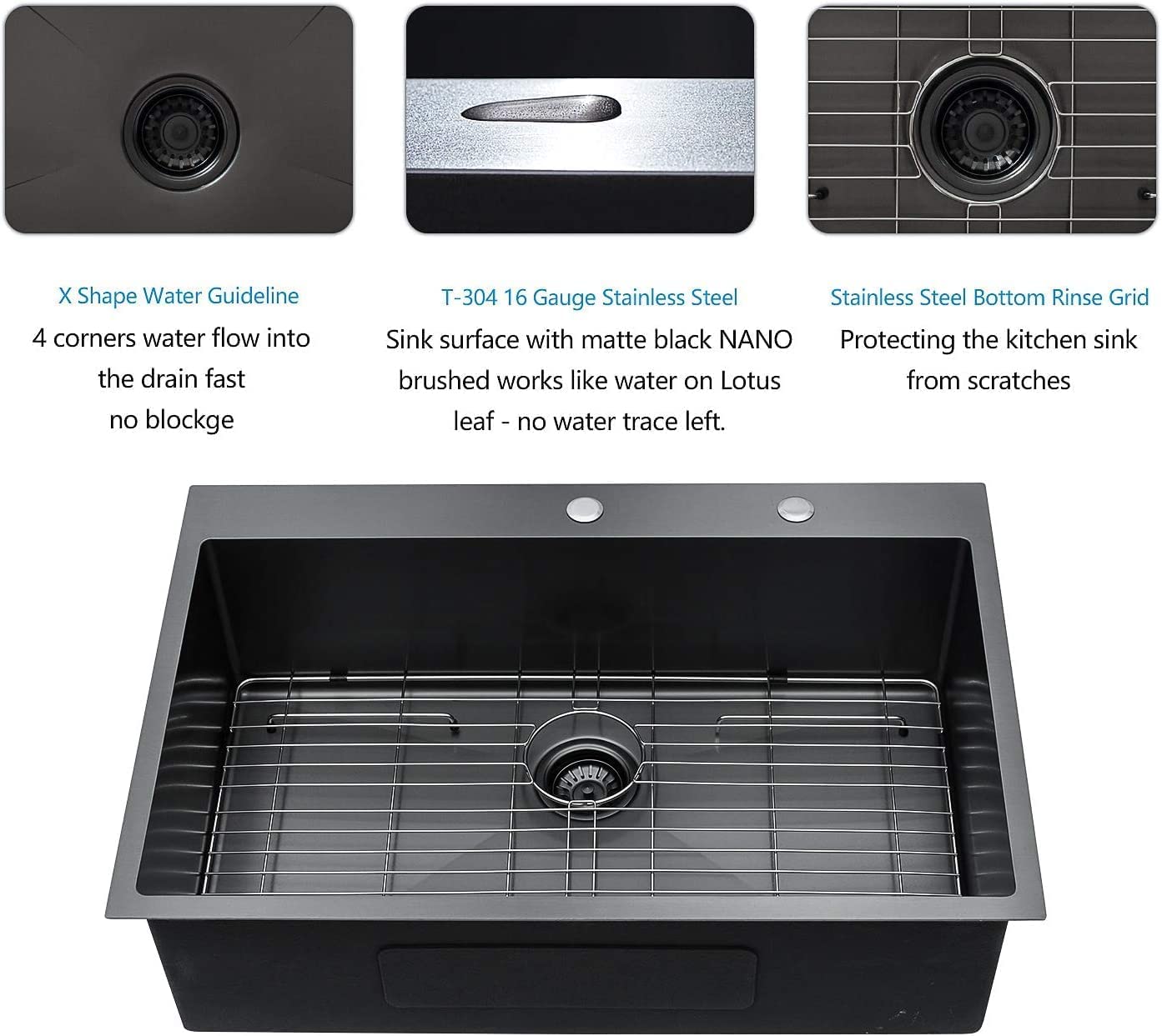 Lordear 30X22 Kitchen Sink Black Drop In Single Bowl 16 Gauge Stainless Steel Gunmetal Black 30 Inch Topmount Kitchen Sinks 30 B
