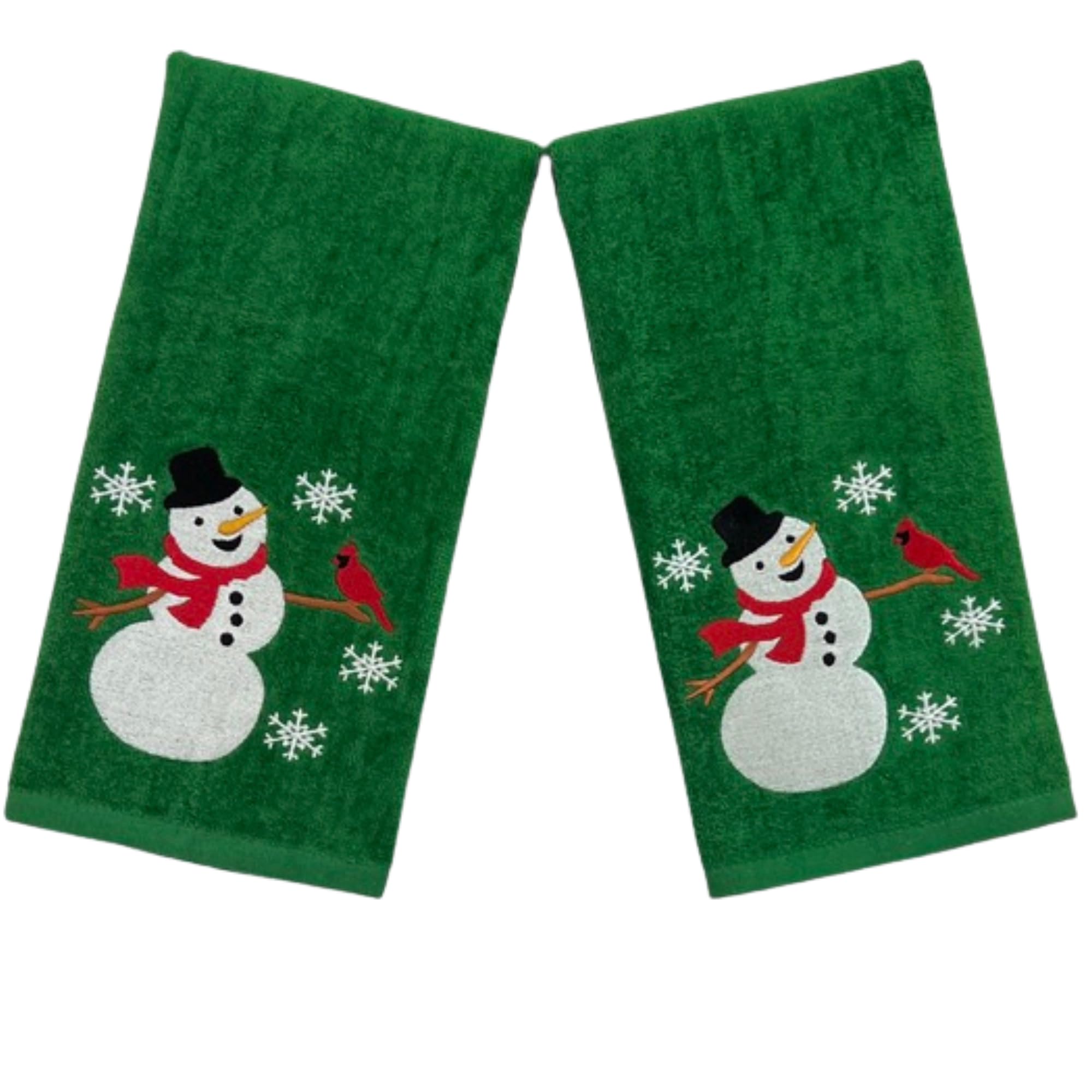 Serafina Home Holiday Christmas Bath Hand Towels, Embroidered Happy Snowman With Cardinal Friend With A Stitched Hem On Green, 2