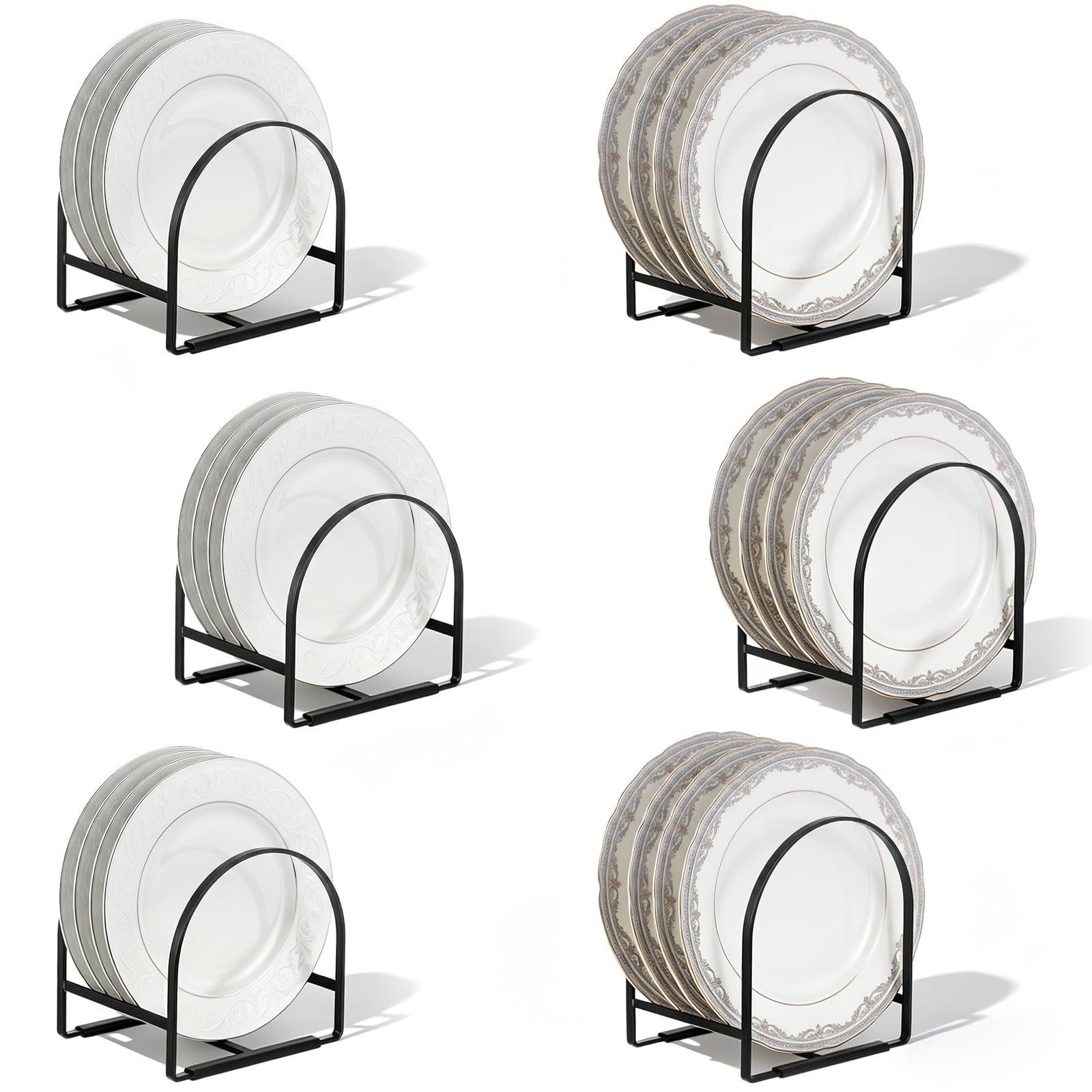 Ziouabaf 6Pack Metal Plate Holder Organizer for Cabinet  Space Saving Vertical Dish Storage Rack with Rubber Guards, 3 Large &