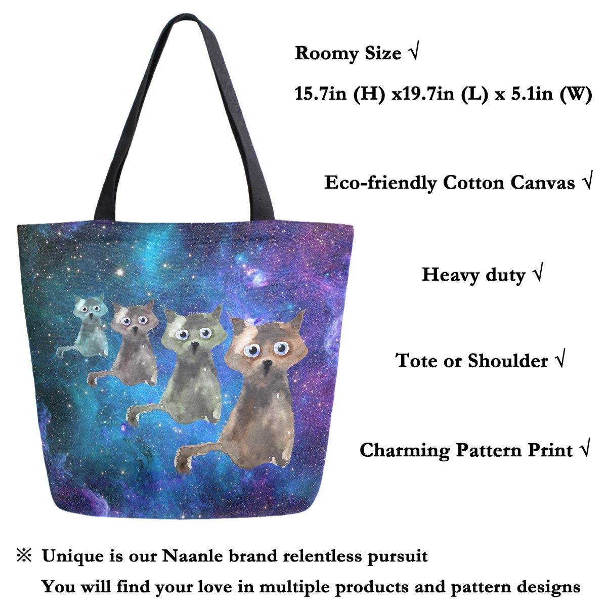 Naanle Galaxy Cats Canvas Tote Bag Large Women Casual Shoulder Bag Handbag, Universe Cats Reusable Multipurpose Heavy Duty Shopp