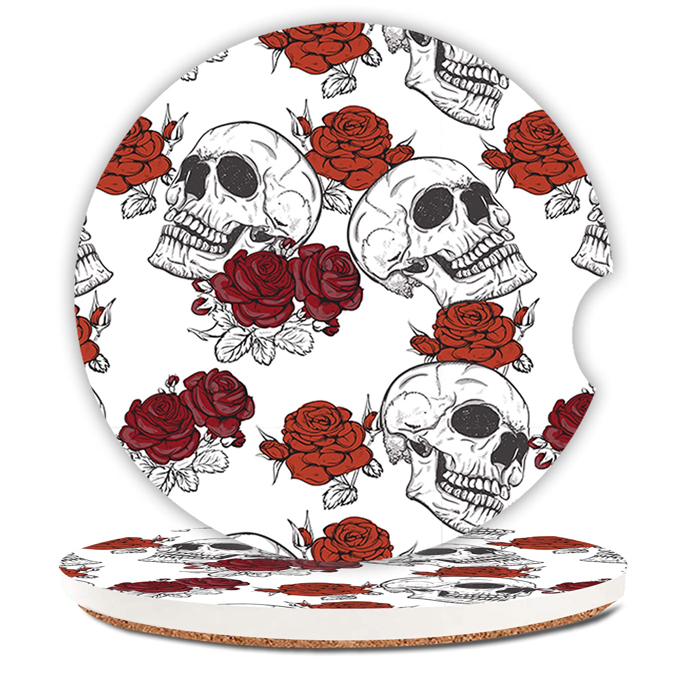 Cool Skull Rose Flowers Dog Paw Absorbent Cup Holders Car Coasters,Ceramic Stone Drinks Coaster Set For Women Man 2.56''(2 Pack)