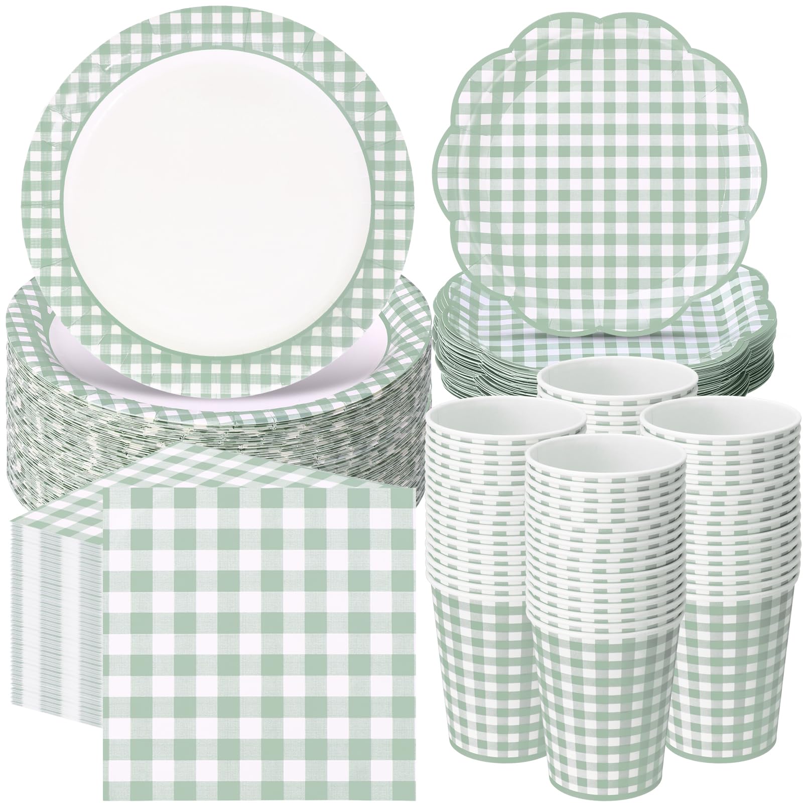 Funnymoom 250 Pcs Sage Green Gingham Paper Plates and Napkins Party Supplies Green and White Checkered Disposable Plaid Tablewar