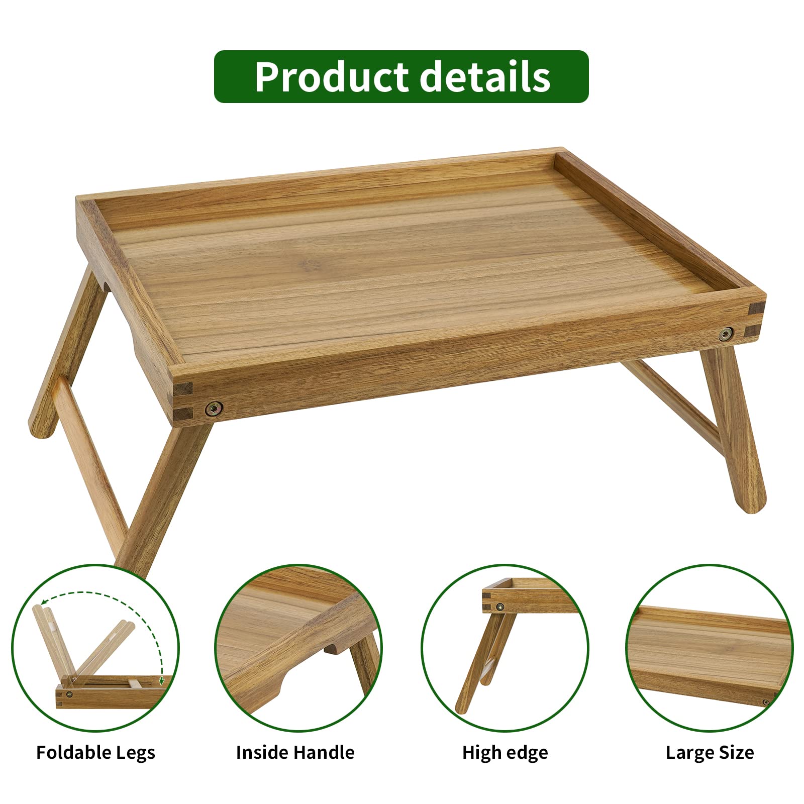 Vaefae Acacia Bed Table Tray, Wooden Breakfast Tray With Folding Legs, Bed Tray For Eating And Laptop, Eating Trays For Bedroom