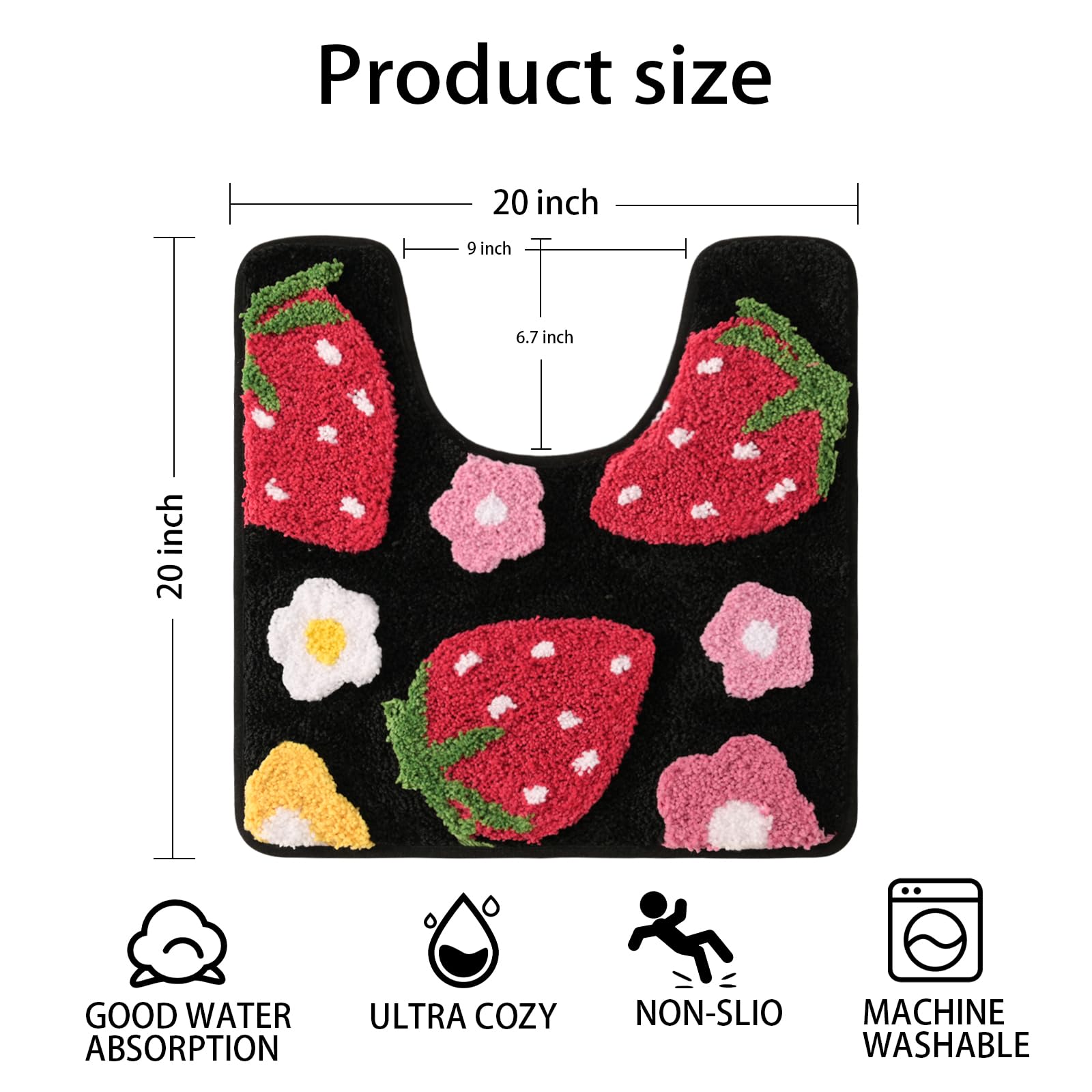 Anybar Black Toilet Rugs U Shaped, Cute Strawberry Flower Bathroom Contour Toilet Mats,Extra Soft Absorbent Toilet Carpet Bathro
