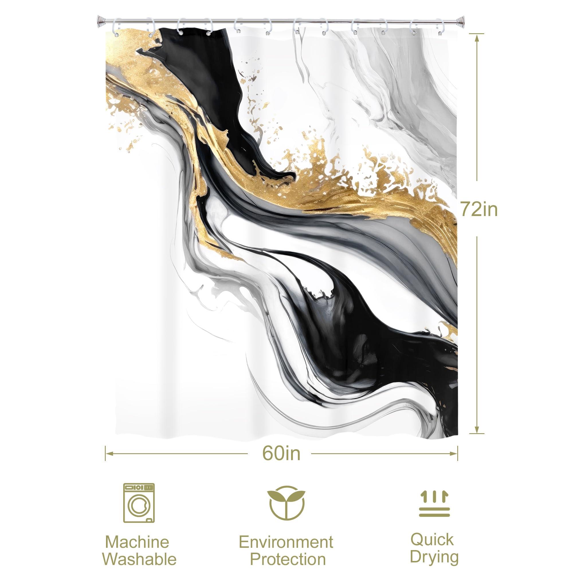 Omifly Black White Gold Marble Shower Curtain 60Wx72H Inch Abstract Modern Luxury Ink Texture Minimalist Gray Ombre Aesthetic Fl