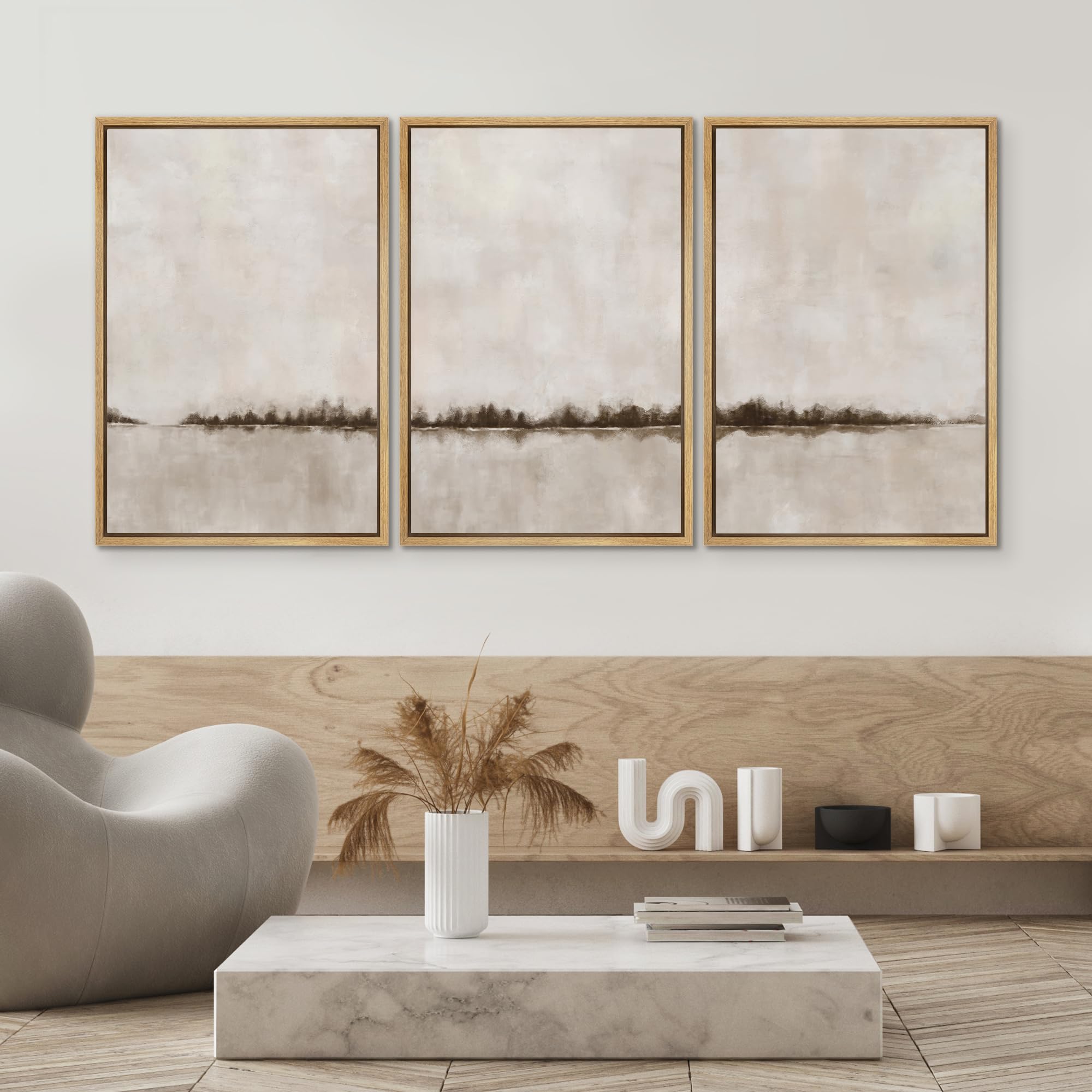 Signwin Framed Canvas Print Wall Art Set Brown Tan Pastel Watercolor Grunge Landscape Abstract Shapes Illustrations Decorative R