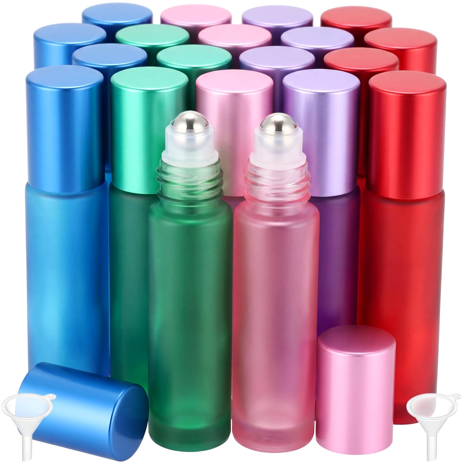 Sumind 20 Pcs Frosted Glass Roller Bottles Essential Oil 10 ml Empty Roll on Bottles with Stainless Steel Balls Leak Proof with 
