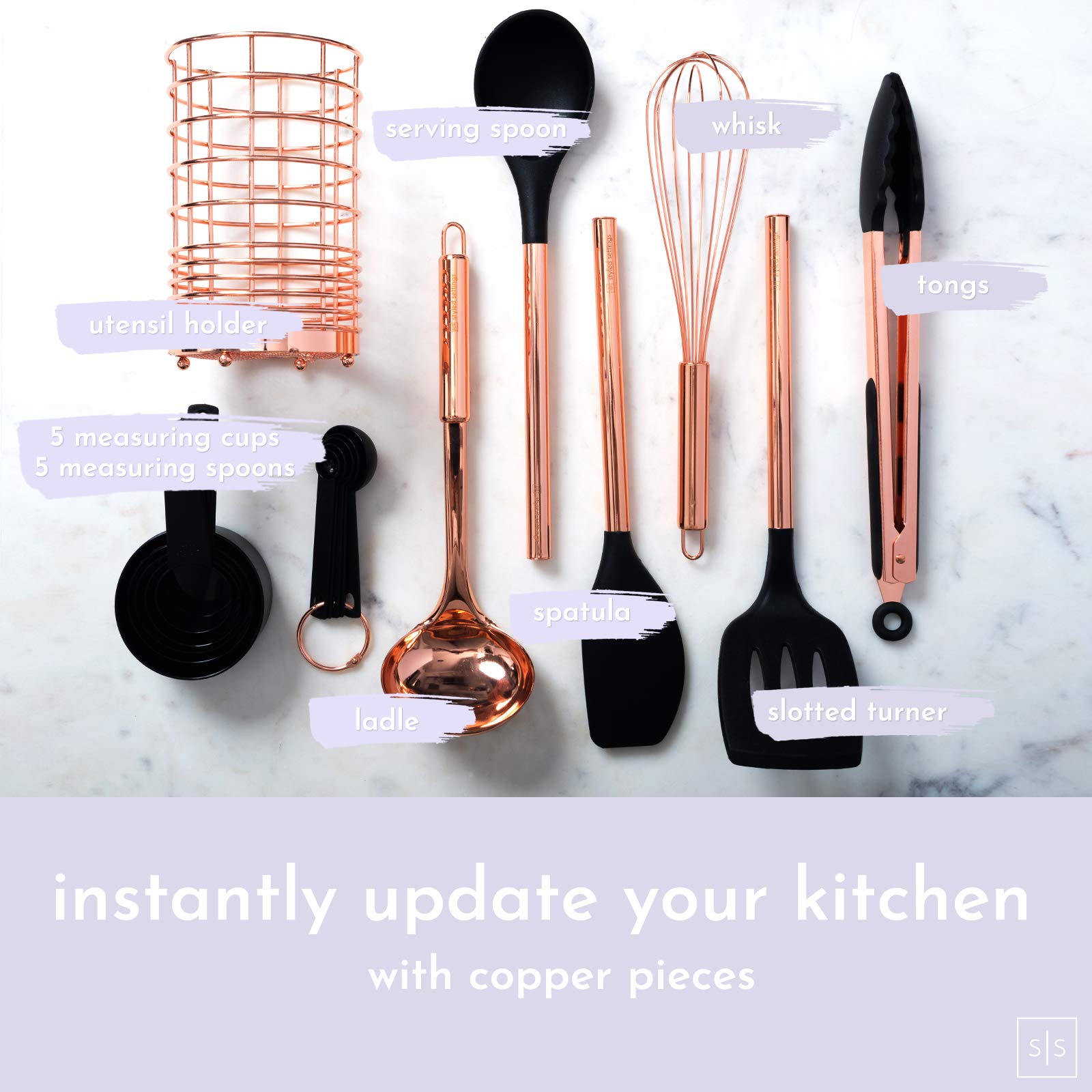 Black And Copper Kitchen Utensils With Holder - 17-Piece Set With Measuring Cups And Spoons, Rose Gold Cooking Tools - Stylish B