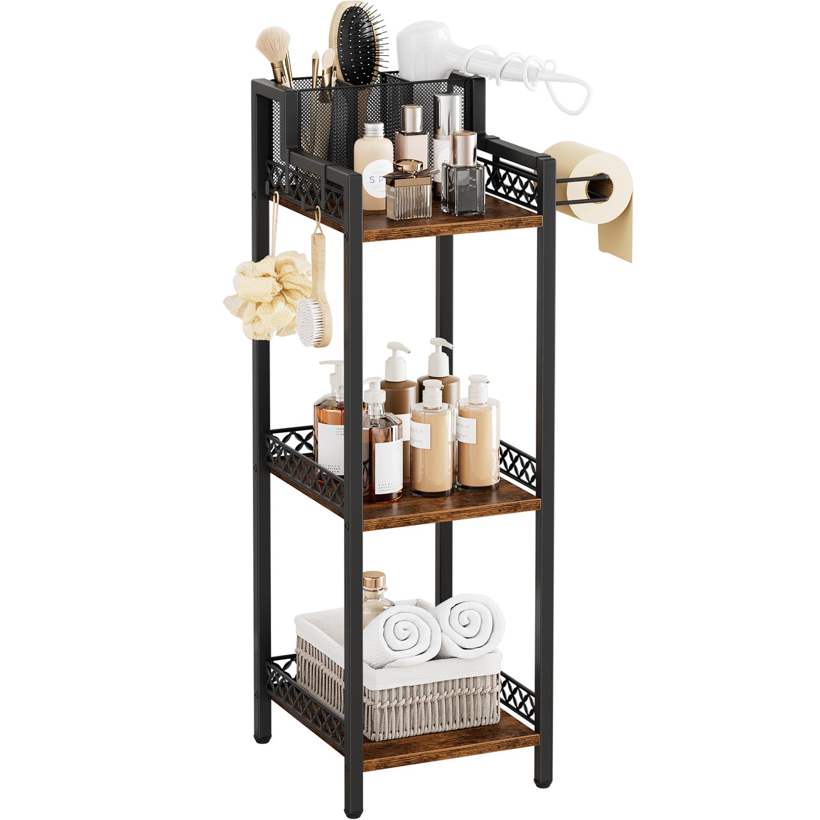 FURFUN Bathroom Storage Shelf Hair Dryer Holder, 3-Tier Narrow Metal Standing Rack with Toilet Paper Holder, Multifunctional Cor