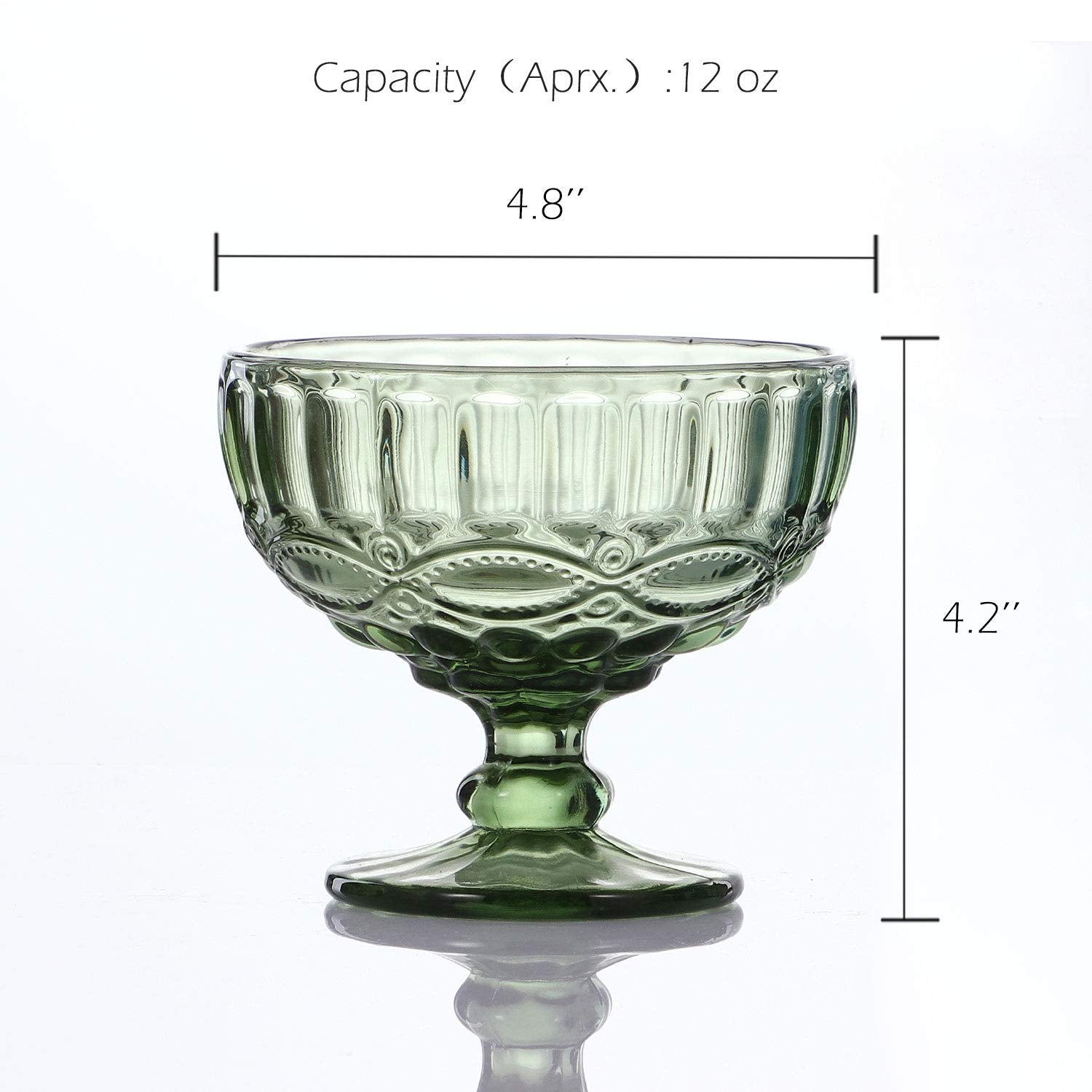 Vanenjoy Green Vintage Pressed Pattern Glass Ice Cream Cups/Dessert Bowls - Set Of 4,12 Oz