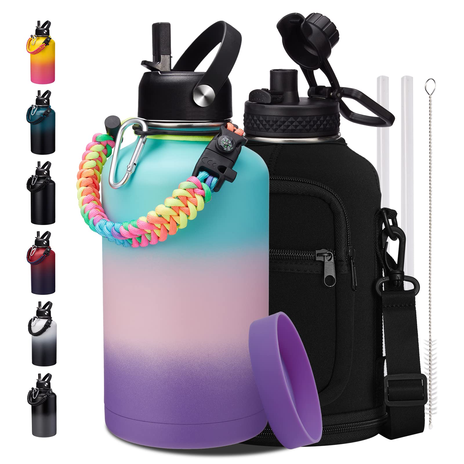 VICKNIY Half Gallon Water Bottle Insulated - 64 oz Water Bottle with Straw Spout Lid, Strap Carrying Sleeve, Paracord Handle, Le