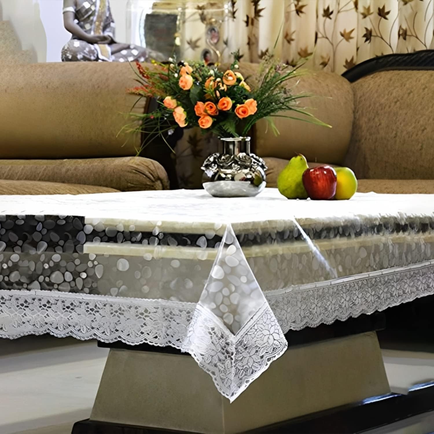 Kuber Industries PVC Center Table Cover|40x60 Inch |Stone Print Table Cloth 4 Seater|Waterproof Table Sheet Silver Lace (Silver)