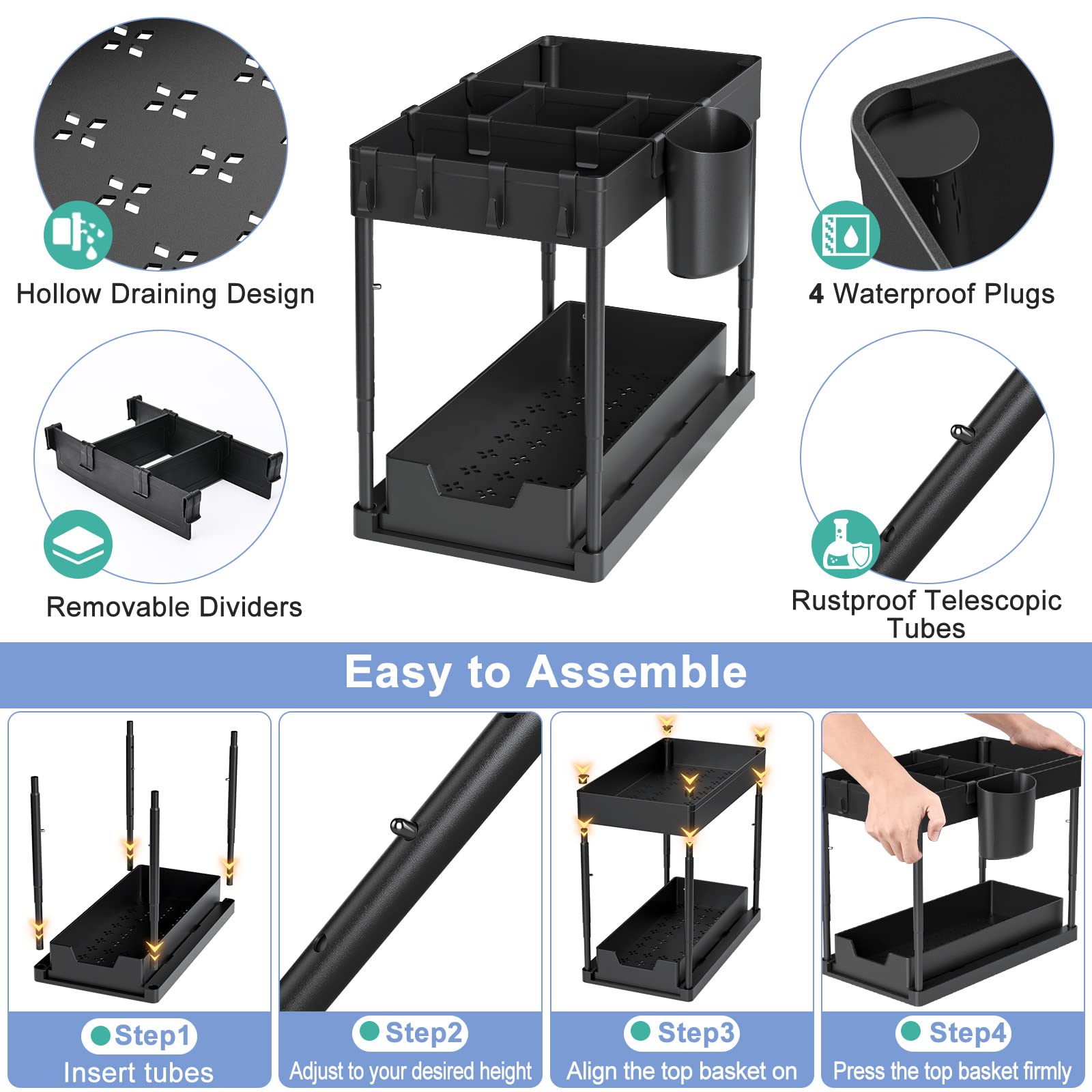 Under Sink Organizers And Storage, 2 Tier Black Bathroom Cabinet Organizer With 4-Height Adjustable Telescopic Tube,4 Removable