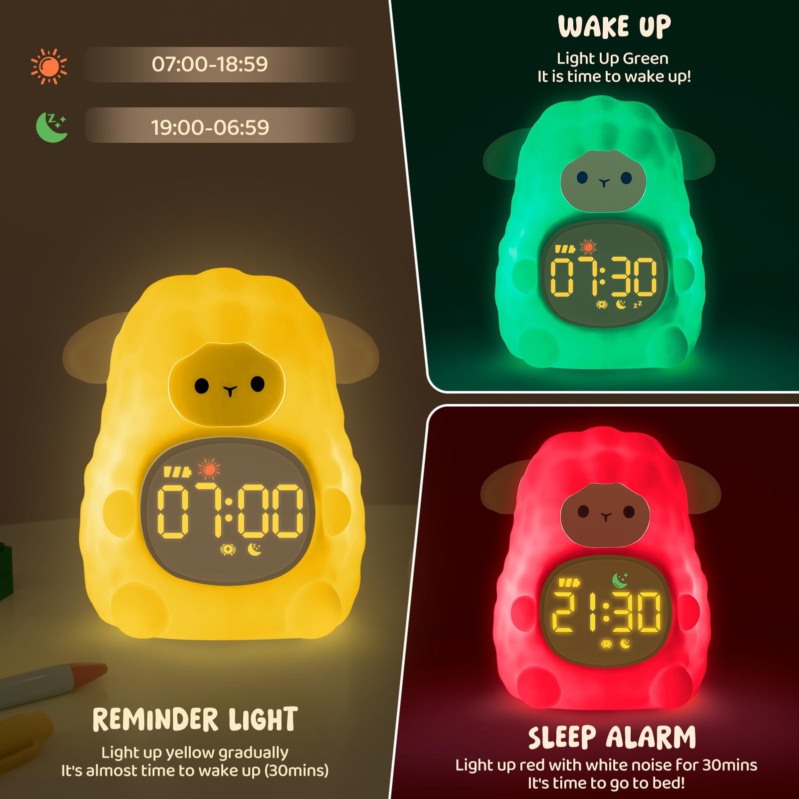 Sheep Alarm Clock with Night Light for Kids with Sleep Training and Sound Machine, Rechargeable Silicone Lamp OK to Wake Clock,C
