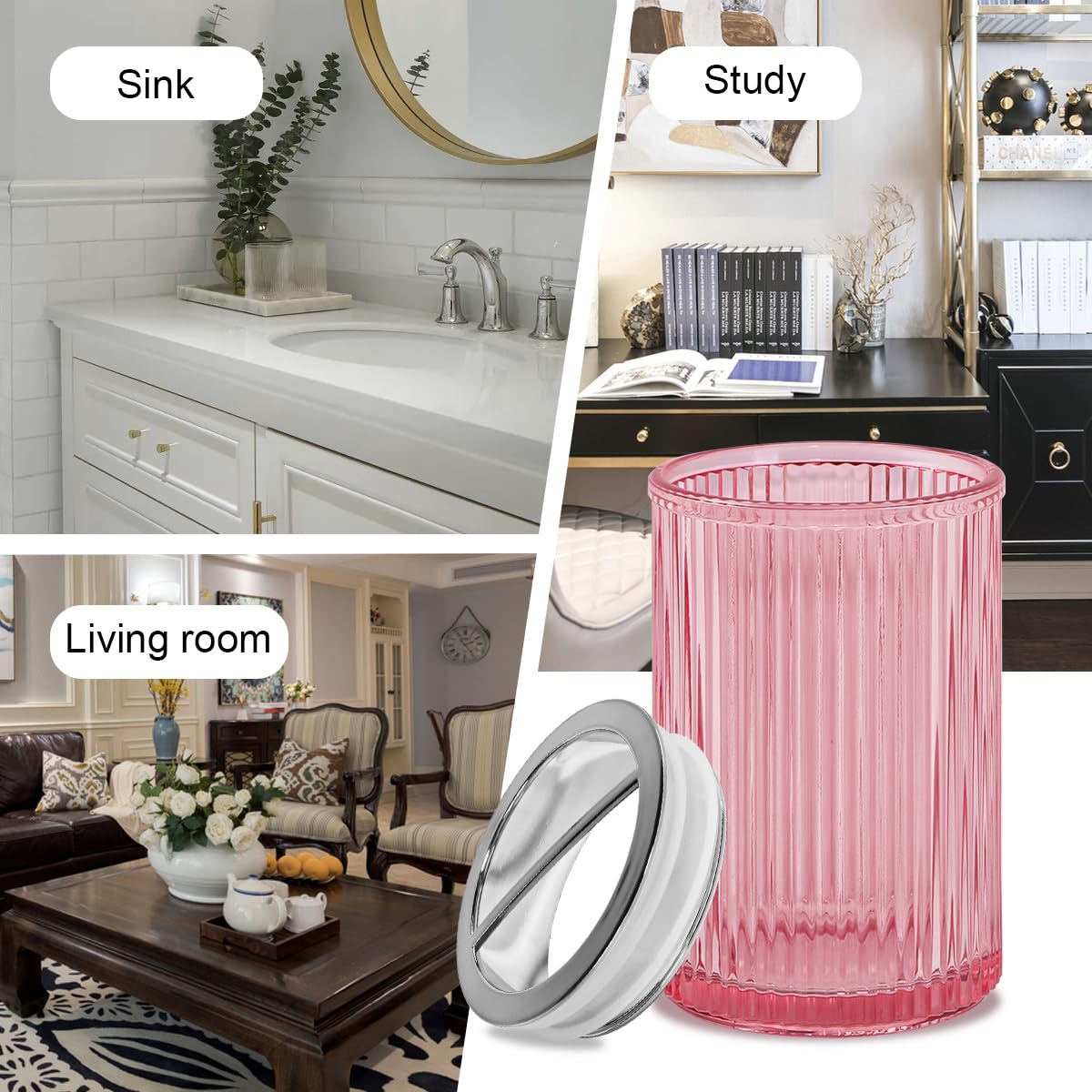Tonxus Pink Toothbrush Holders for Bathrooms, 2pcs Glass Toothbrush Holder and 12oz Bathroom Tumbler Cup Set, Silver Tooth Brush