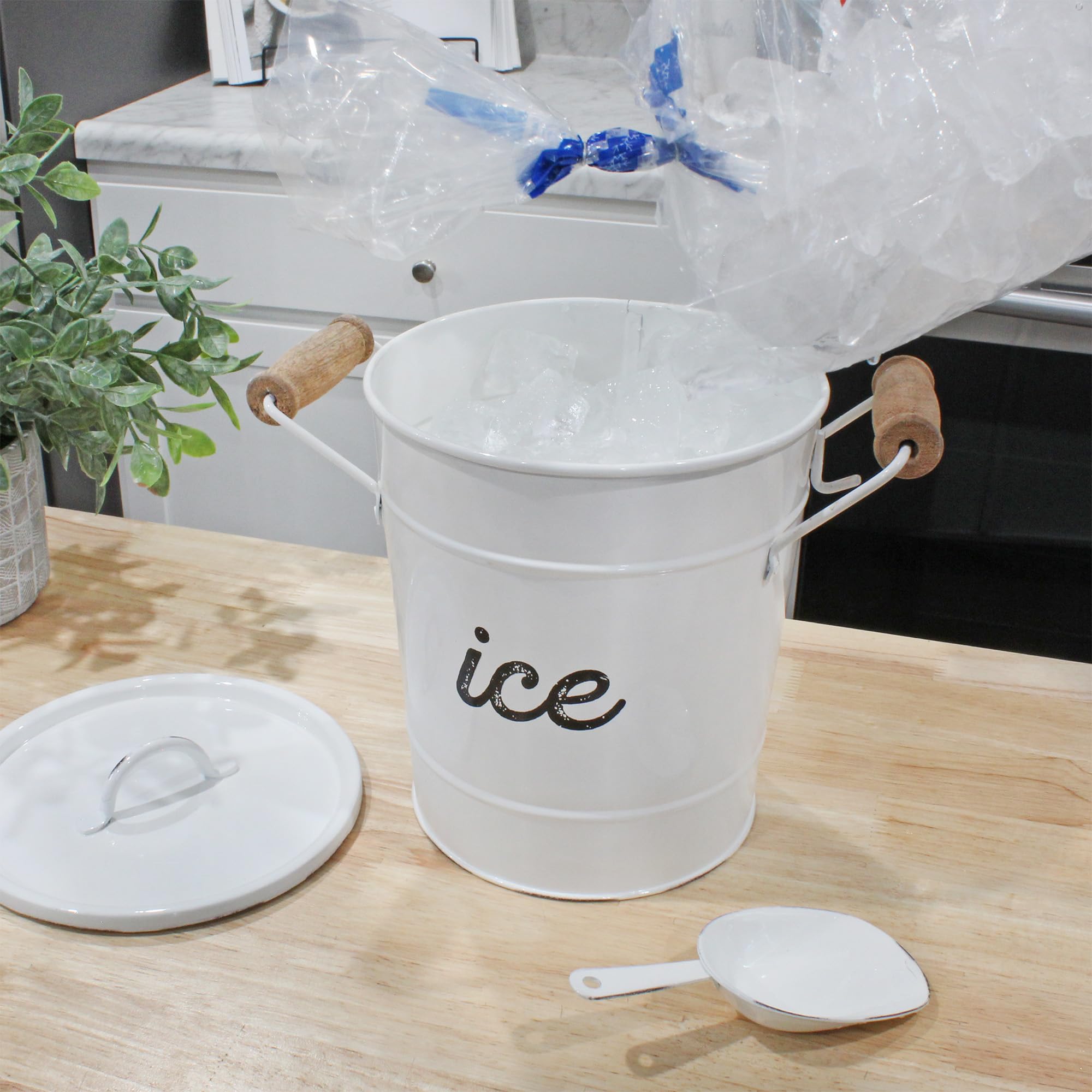 Auldhome Design Rustic Enamelware Ice Bucket; White Farmhouse Style Insulated Ice Server