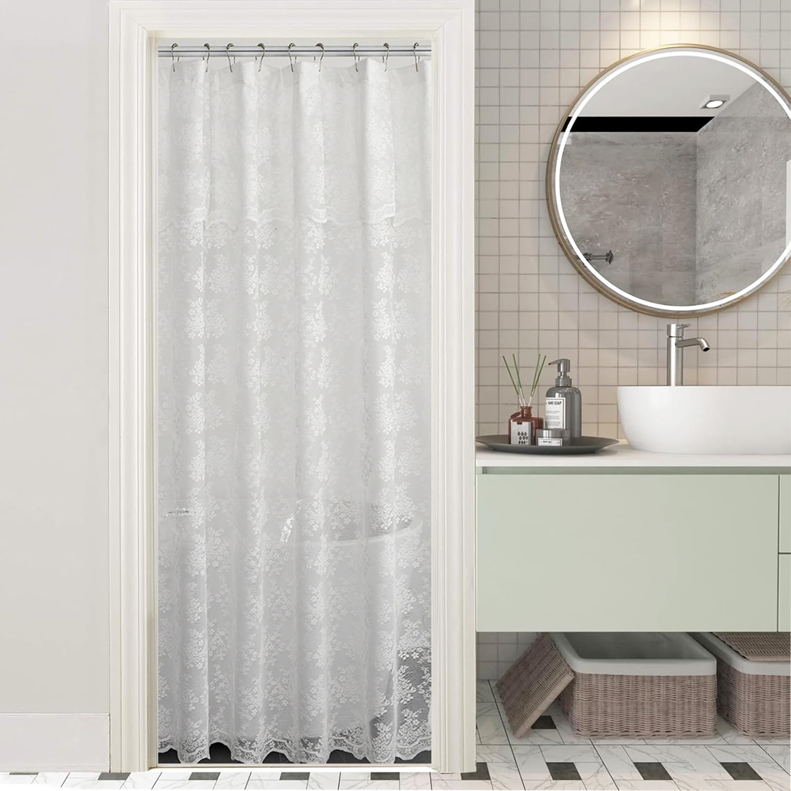 Yj Yanjun White Stall 36X72 Shower Curtain With Victoria Lace Narrow Attached Valance And Vintage Floral Small Sheer Shower Curt