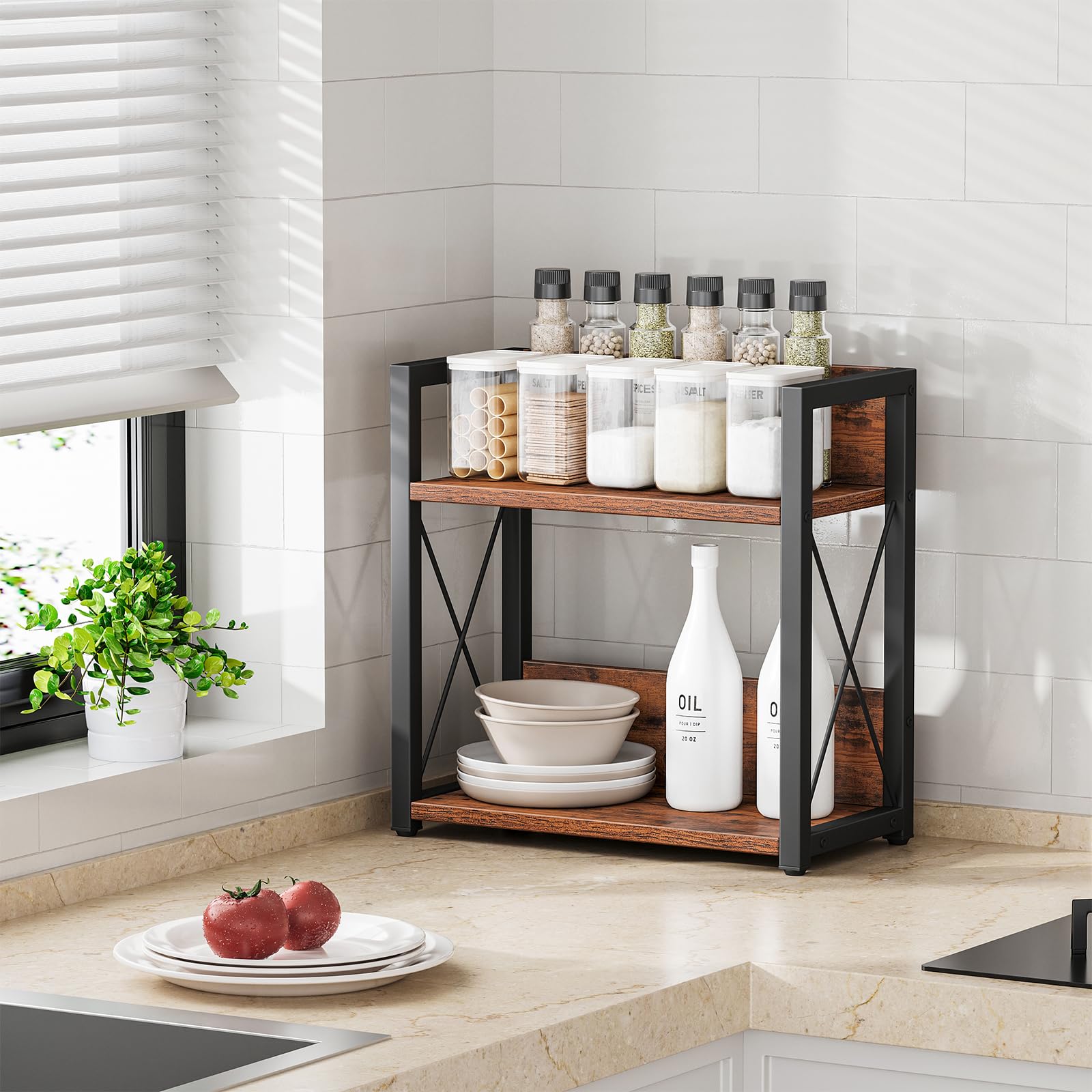 Giikin Counter Shelf Organizer, 2 Tier Kitchen Spice Rack for Countertop, Wood Coffee Counter Organizer for Home (Rustic Brown)
