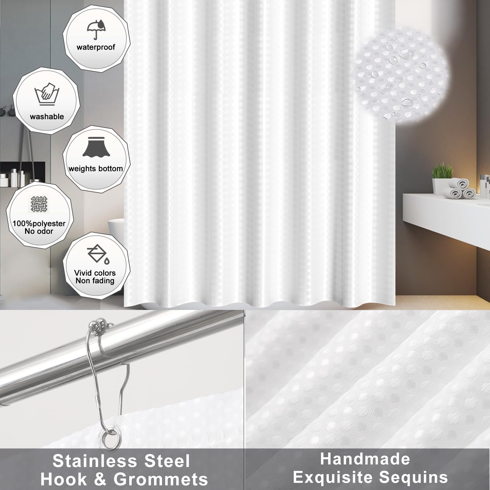 White Bathroom Sets Accessories With Waffle Shower Curtain,Bathroom Sets With Trash Can,Toothbrush Holder,Toothbrush Cup,Soap Di