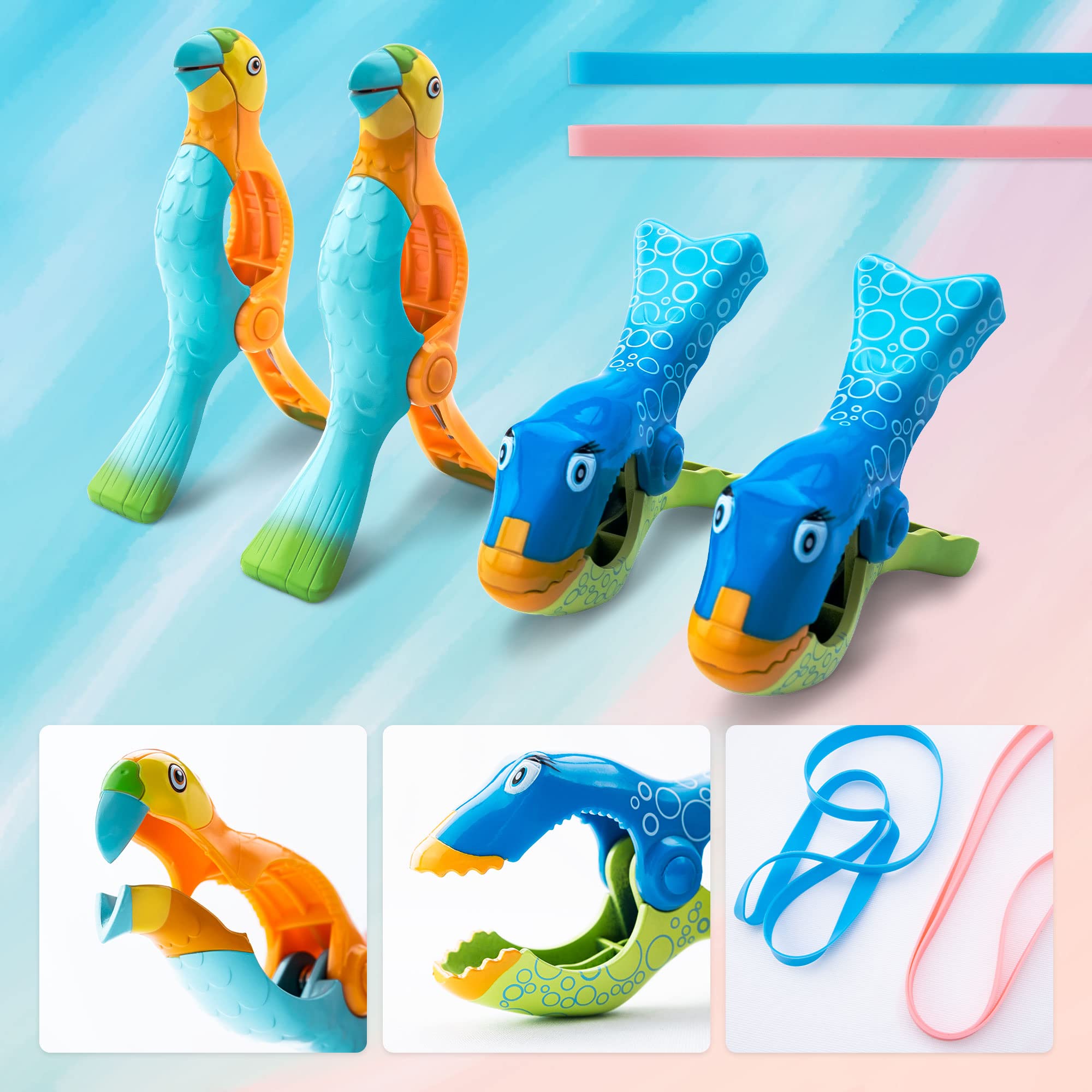 4 Pack Parrot Fish Beach Towel Clips Plus 2 Pack Beach Towel Bands, Towel Holder For Beach Chairs Jumbo Size Windproof Clothespi