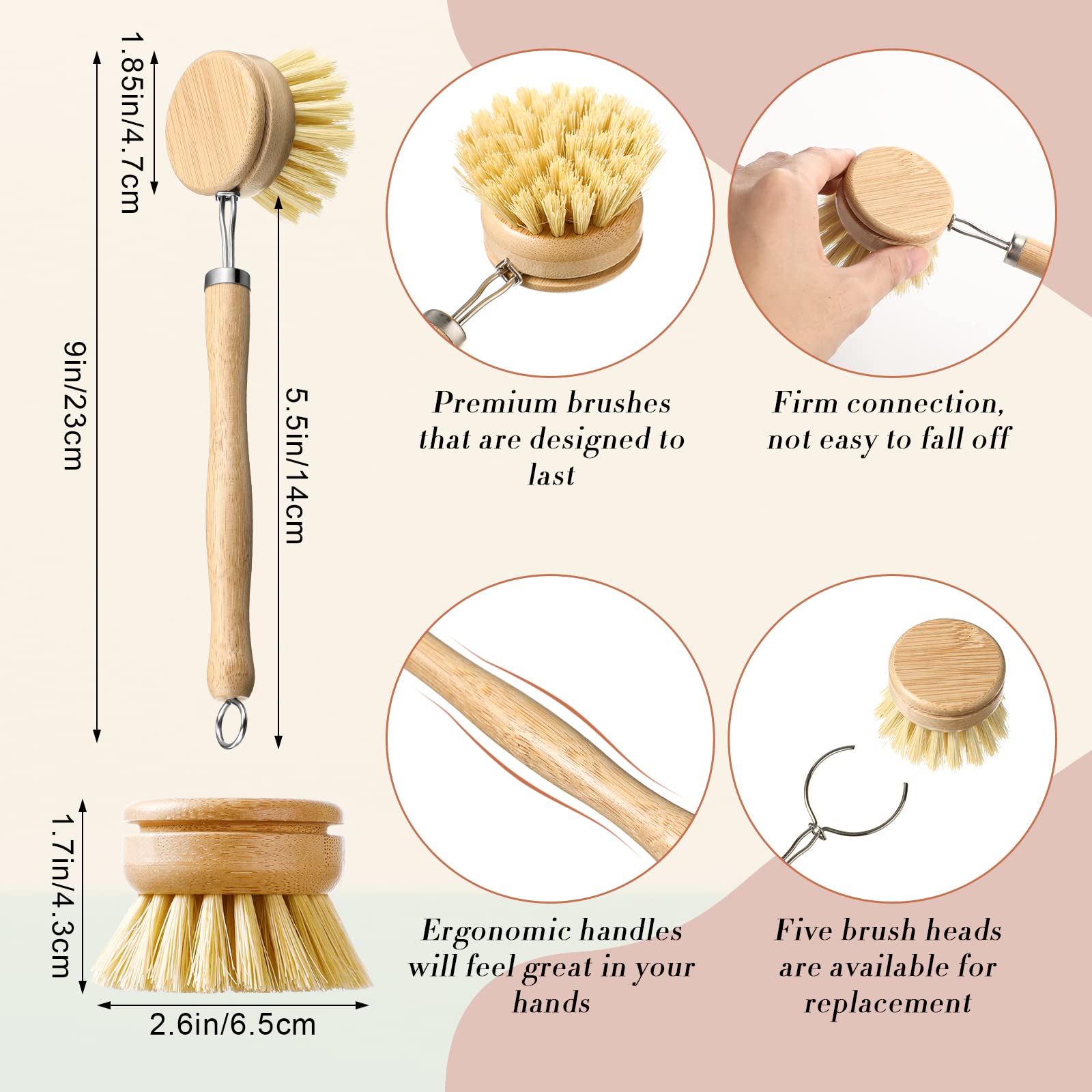 10 Pieces Wooden Dish Brush Set Bamboo Dish Brush Wood Bottle Brush With Replacement Heads For Dishes, Wide Mouth Bottles, Cups