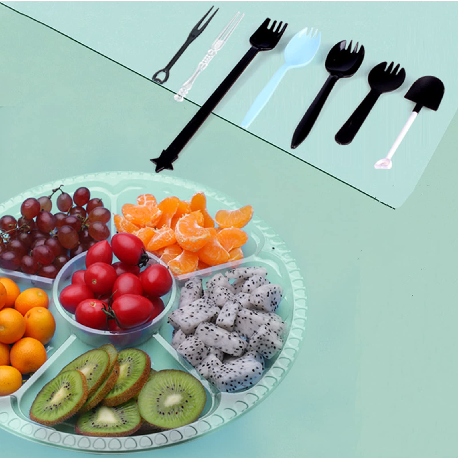 Lyellfe 30 Pack Plastic Appetizer Tray With Lid, Disposable Veggie Fruit Snack Tray With 5 Compartment, 9.5 Inch Heavy Duty Clea