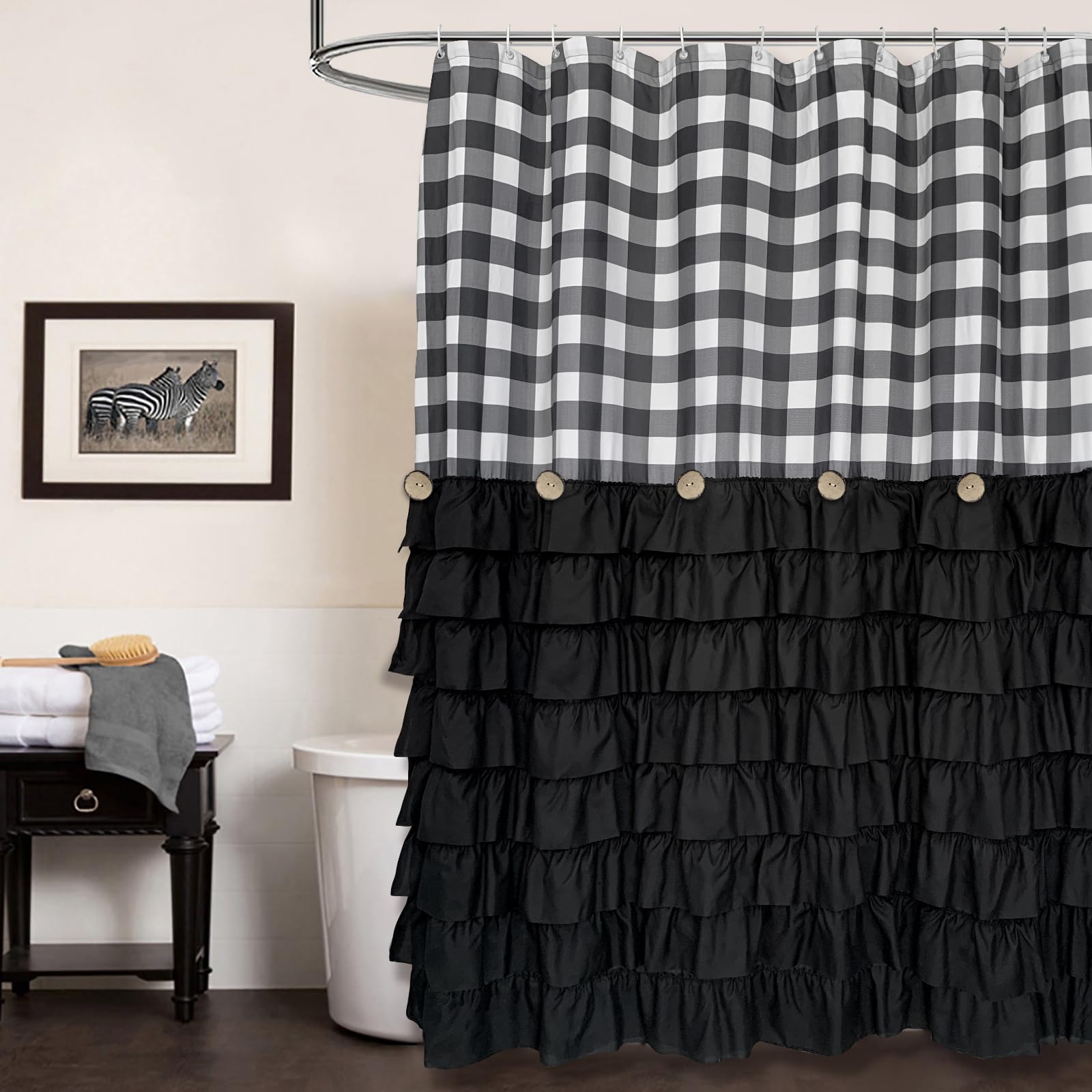 Seasonwood Black Farmhouse Shower Curtain Set With 12 Hooks 72 X 72Inch Black And White Buffalo Plaid Pattern Fabric Shower Curt