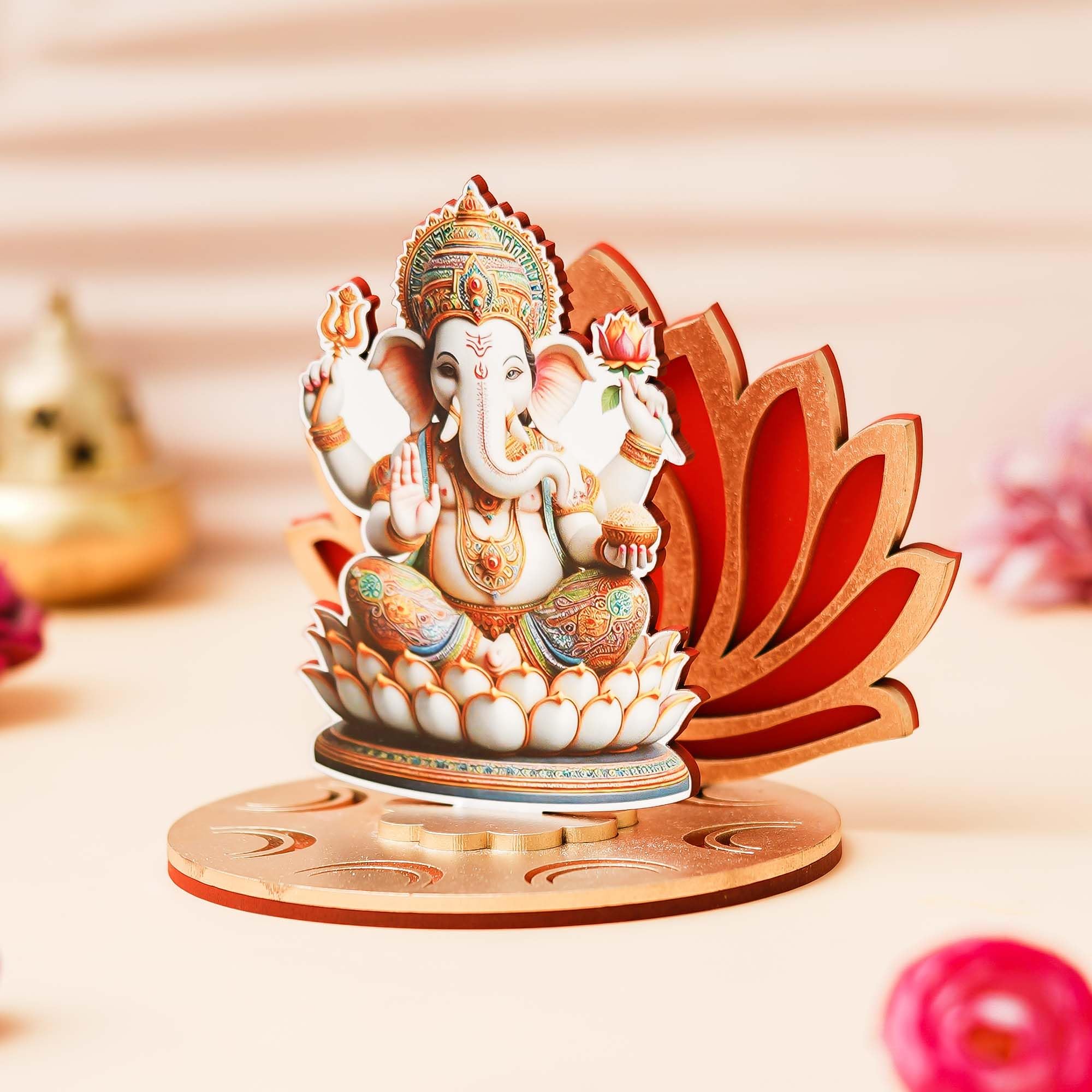 Ecraftindia Mdf Wooden Lord Ganesha Sitting On Lotus Flower Decorative Showpiece For Diwali, Lakshmi Puja, Ganesh Chaturthi Fest