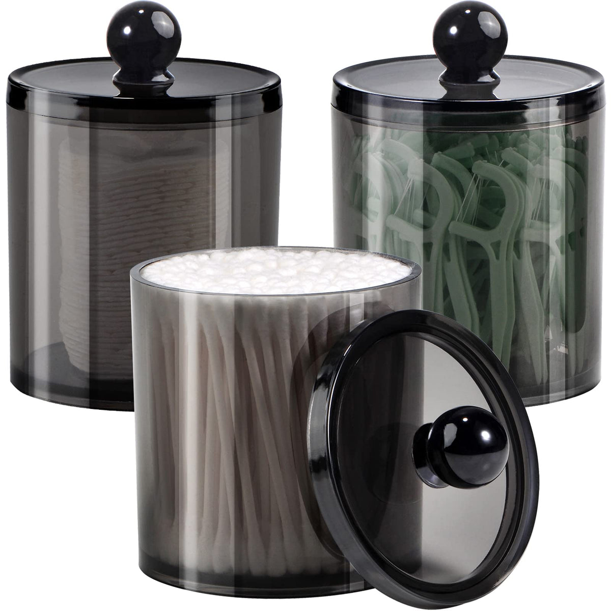 3 Pack Qtip Dispenser Apothecary Jars Bathroom With Labels-12 Oz Black Plastic Qtip Holder Storage Set For Cotton Ball,Cotton Sw