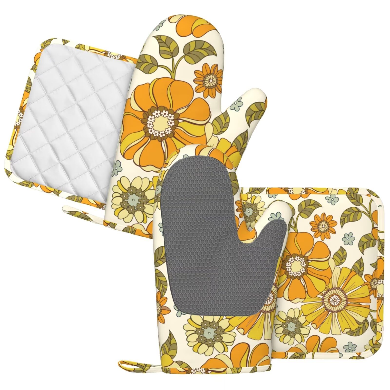 Mifsoiavv Retro 70S Style Flower Oven Mitts And Pot Holders Sets Silicone Kitchen Mitts Potholders Heat Resistant 4Pcs Oven Glov