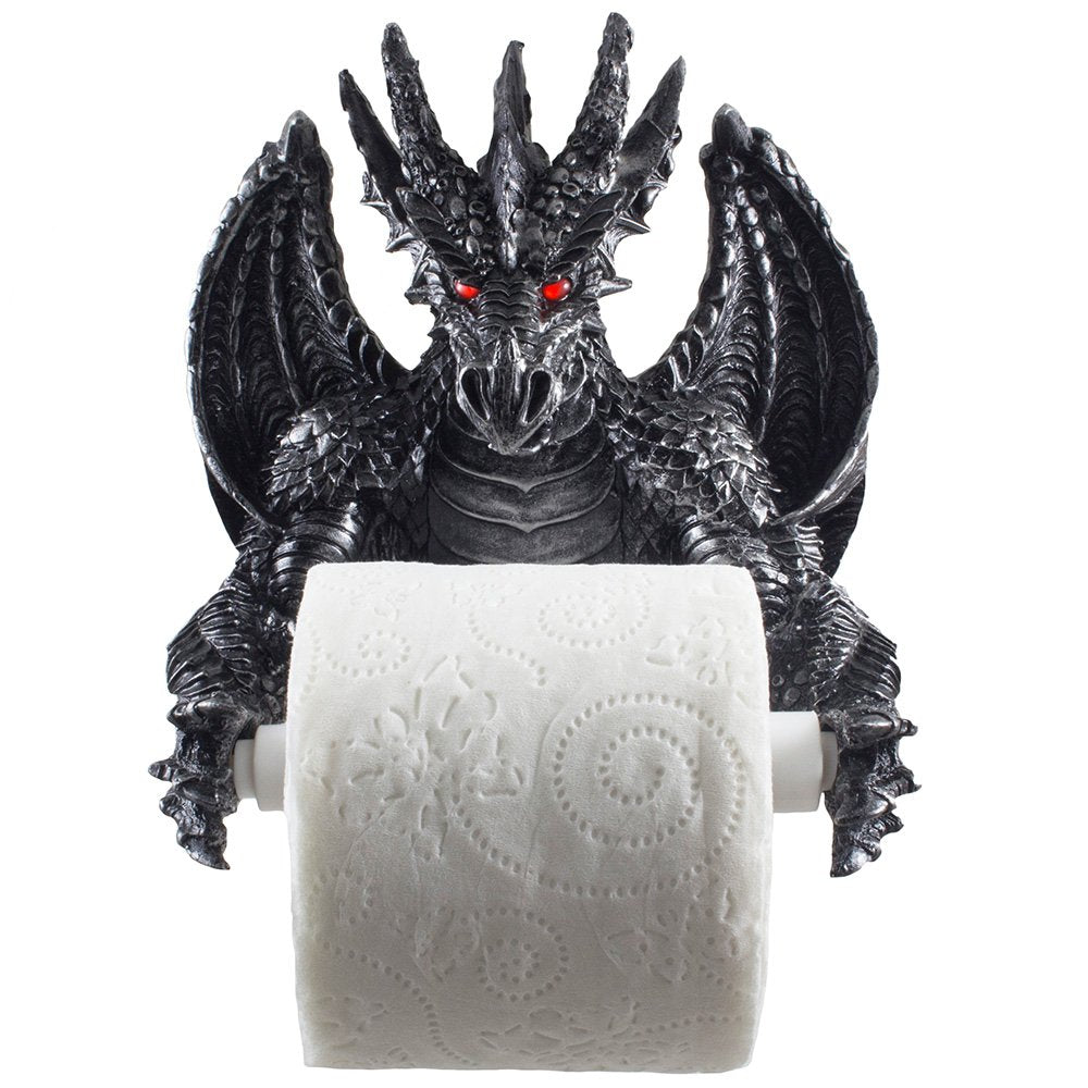 Mythical Winged Dragon Toilet Paper Holder in Metallic Look for Medieval and Gothic Home Decor Bathroom Accessories or Whimsical