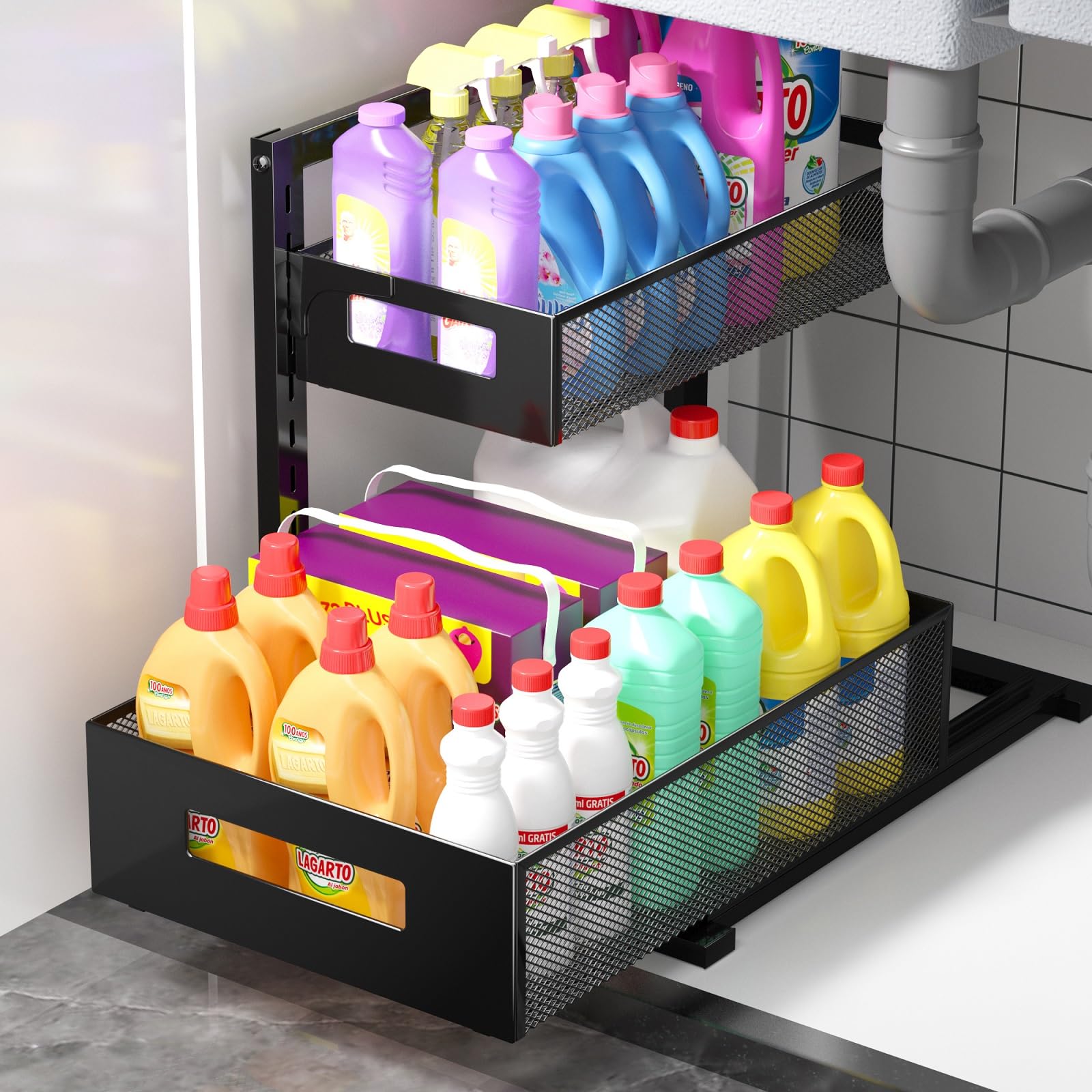 Under Sink Organizer Pull Out Cabinet Organizer Adjustable Height 2 Tier Bathroom Organizer With Sliding Drawers Kitchen Organiz