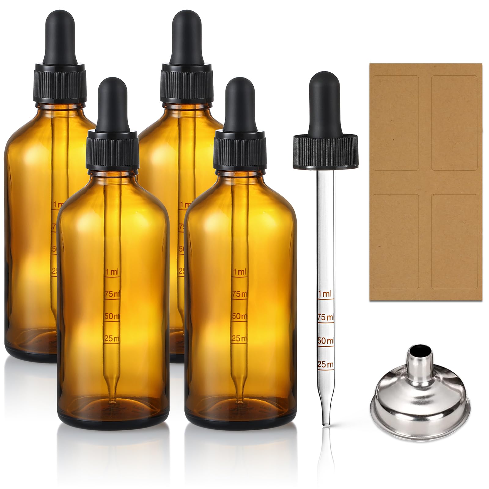 4 Pack 100Ml Glass Dropper Bottles With Measured Dropper - 3.4Oz Dark Amber Tincture Bottles With Graduated Calibrated Glass Eye