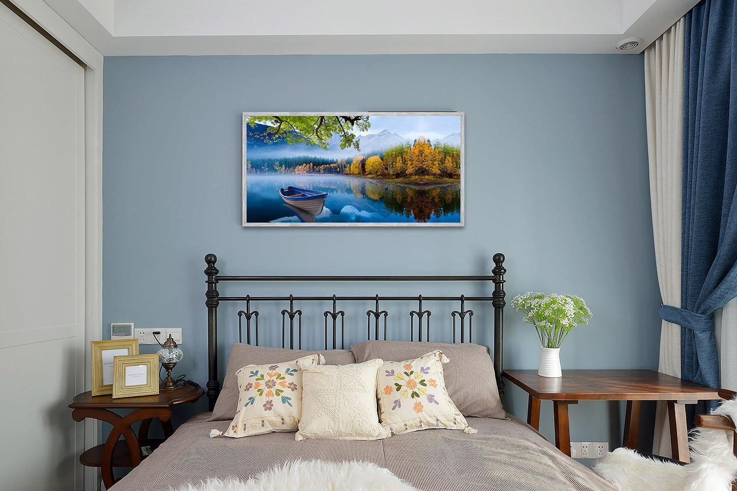 Arjun Lake Canvas Wall Art Blue Mountain Sky Nature Landscape Boat Picture Artwork Modern Scenic Painting For Living Room Bedroo