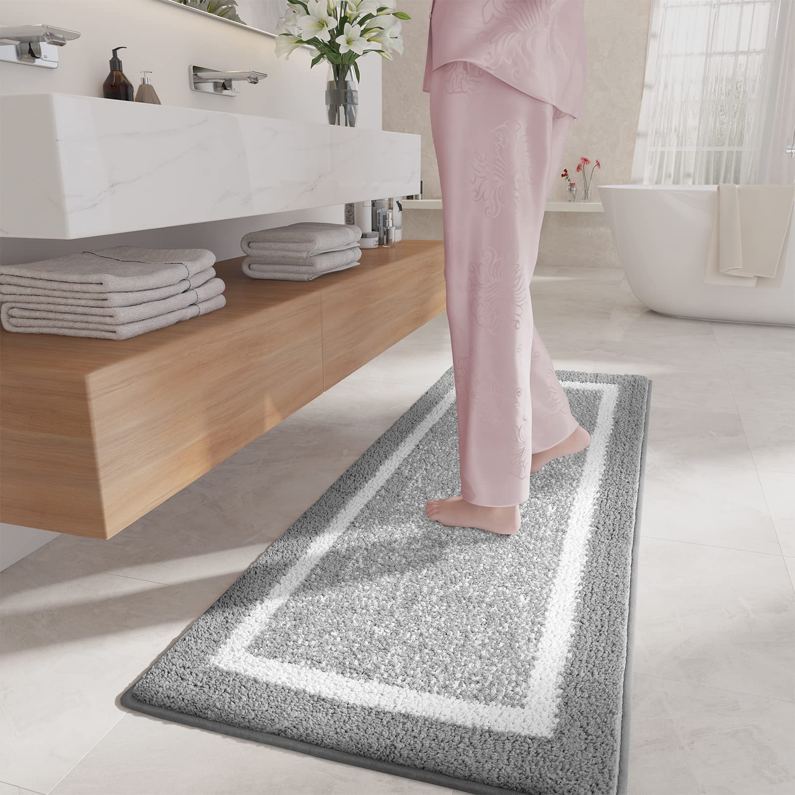 Color G Gray Bathroom Rugs - Absorbent, Non Slip, Soft, Washable, Quick Dry, 24 ''X43 '' Long Grey And White Bath Mat Bathroom R
