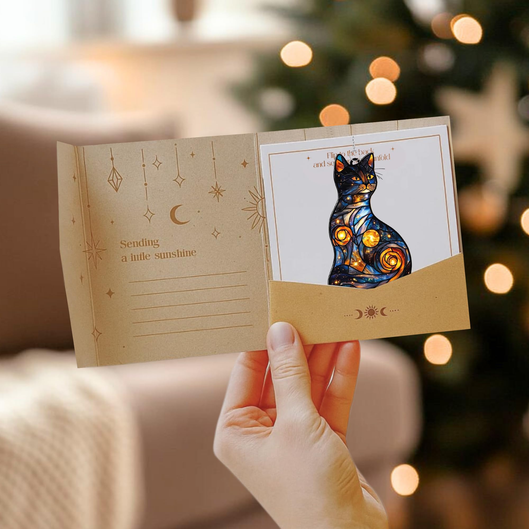 Celestial Cat Acrylic Suncatcher Stained Glass Effect Window Car Hanging Christmas Ornament Indoor Outdoor Decor Garden Sun Catc