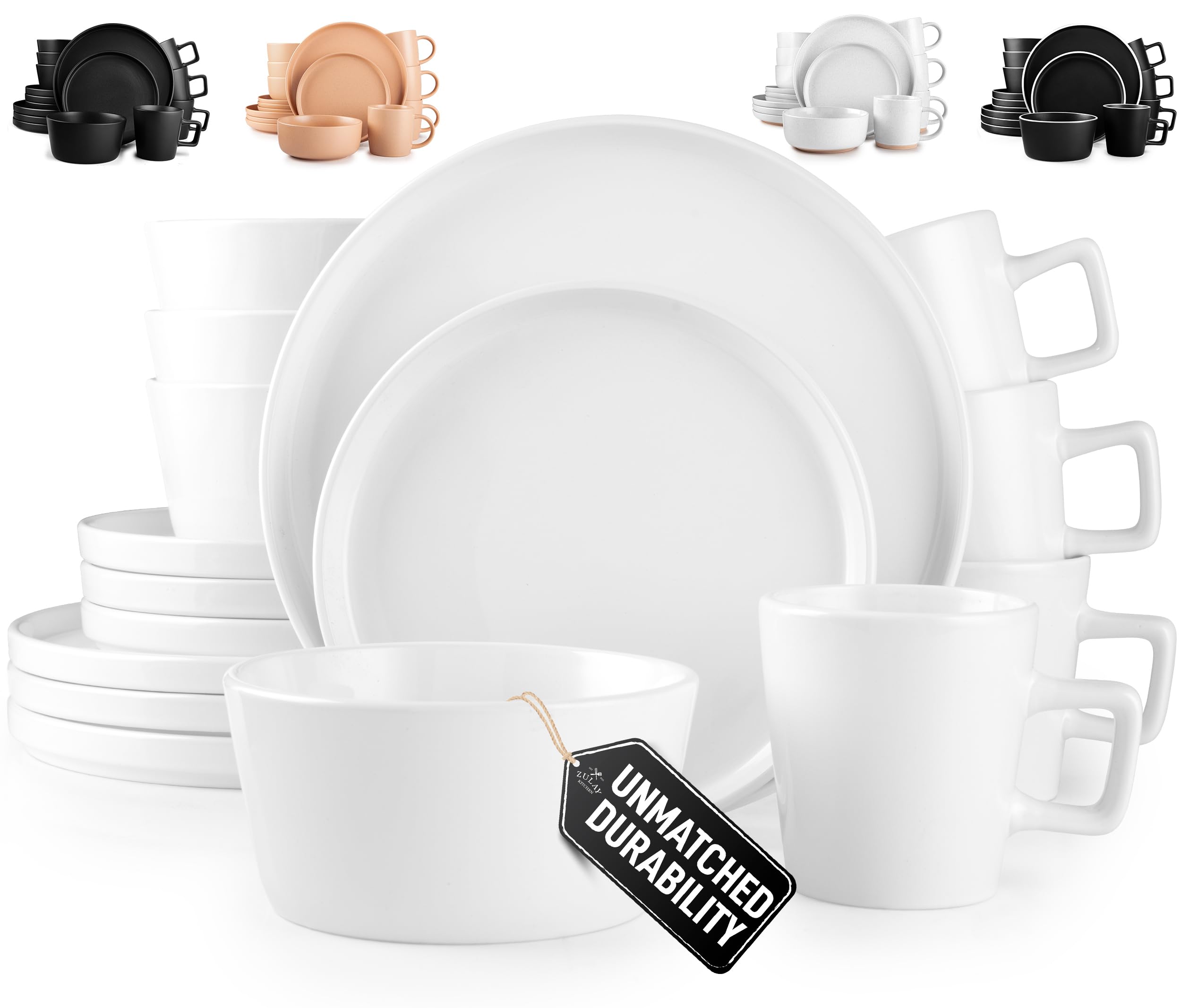 Zulay Kitchen Terra Stoneware Dinnerware Set, Artisanal Ceramic Plates and Bowls Set Crafted at 2300? - Service for 4, Frost Whi