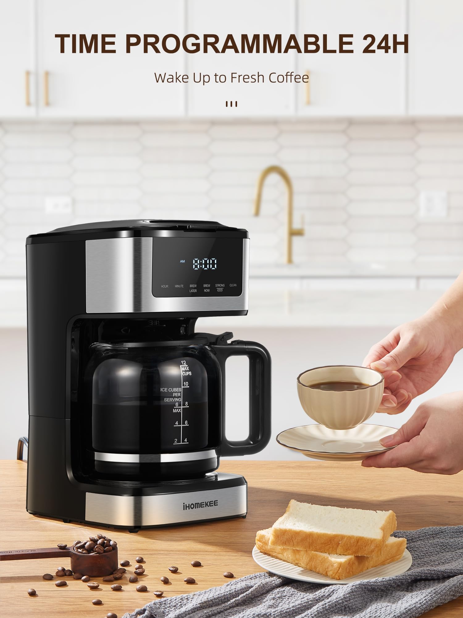 Ihomekee 12-Cup Programmable Drip Coffee Maker, Black, Stainless Steel, Touch Screen, Iced Coffee Function, Model CM9428C