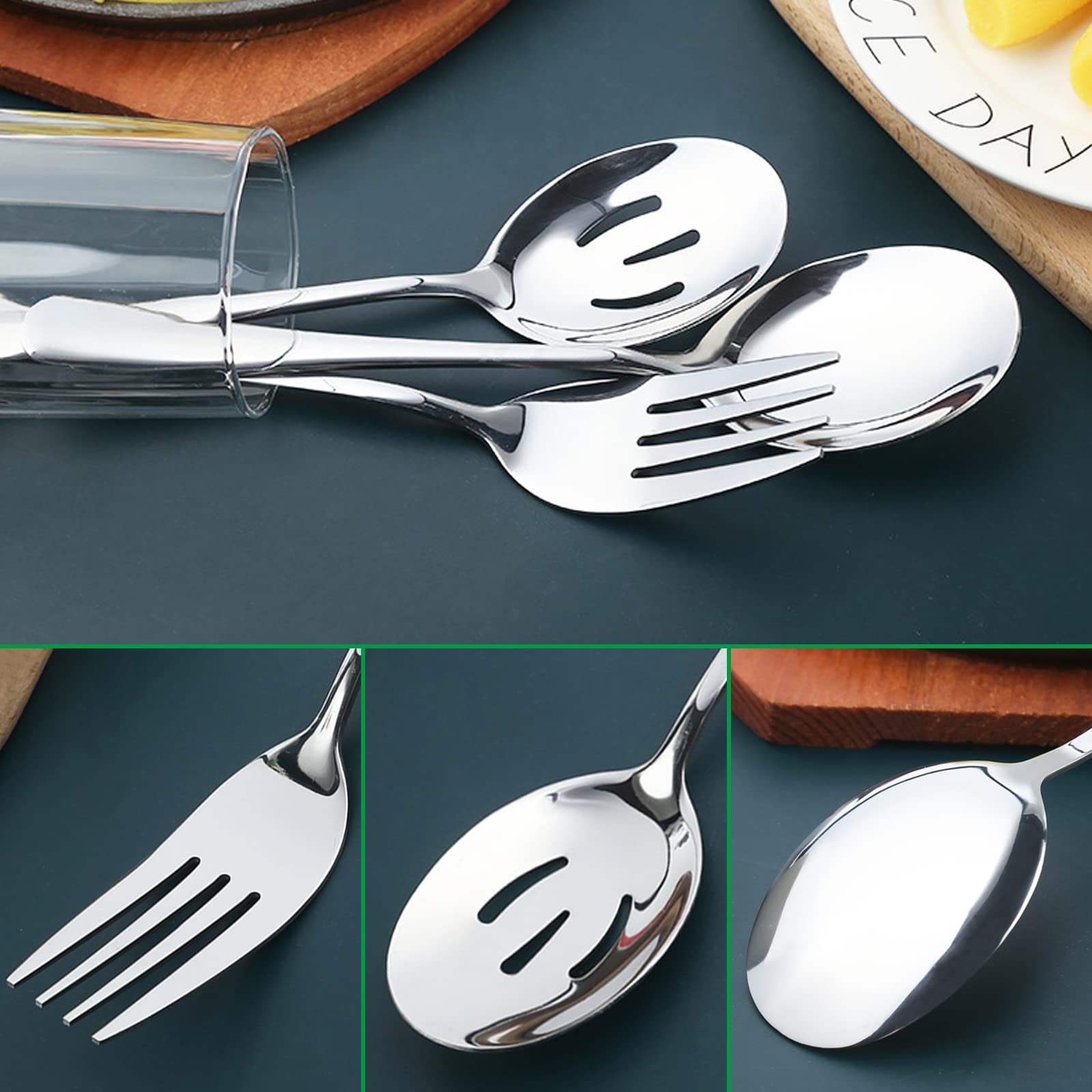 6 Pieces Large Serving Flatware Silverware Set, Findtop 2 Slotted Serving Spoon, 2 Serving Spoon And 2 Serving Fork For Party Bu