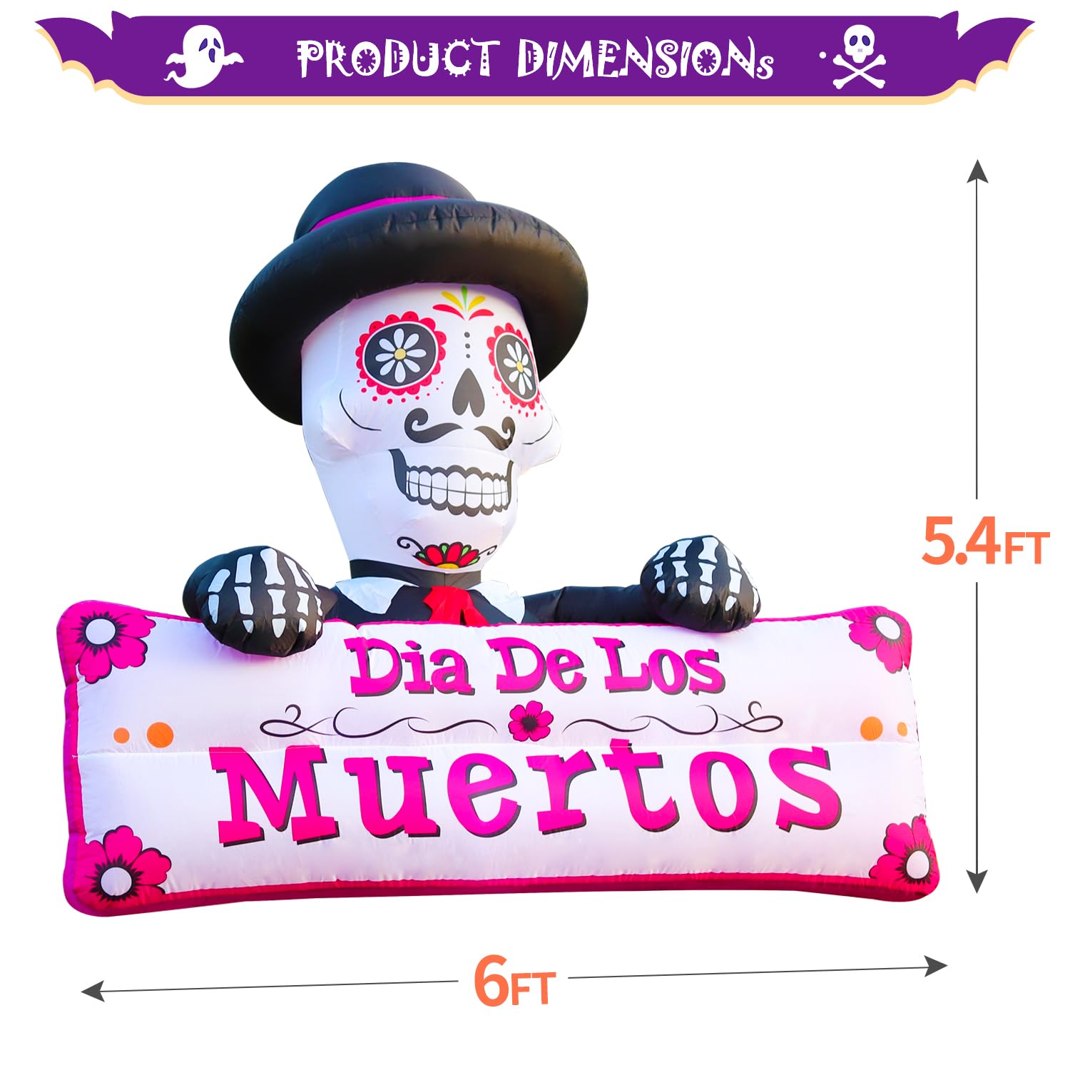 DomKom 6FT Halloween Inflatable Blow Up Decorations, Dia de Los Muertos Day of Dead Banner, Build-in LED Lights Holiday Blow Up