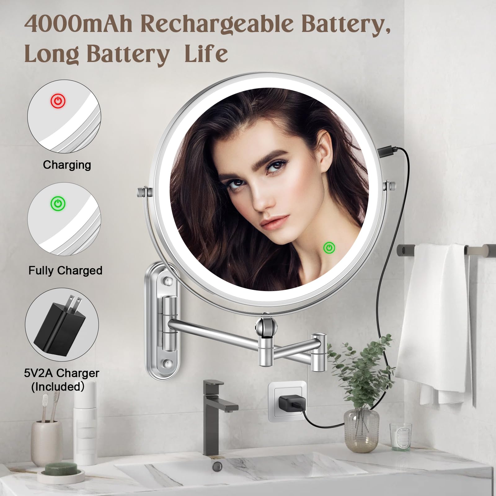 9'' Wall Mounted Makeup Lighted Mirror, 4000Mah Rechargeable Double Sided Led Vanity Mirror With Height Adjustable&1X/10X Magnif