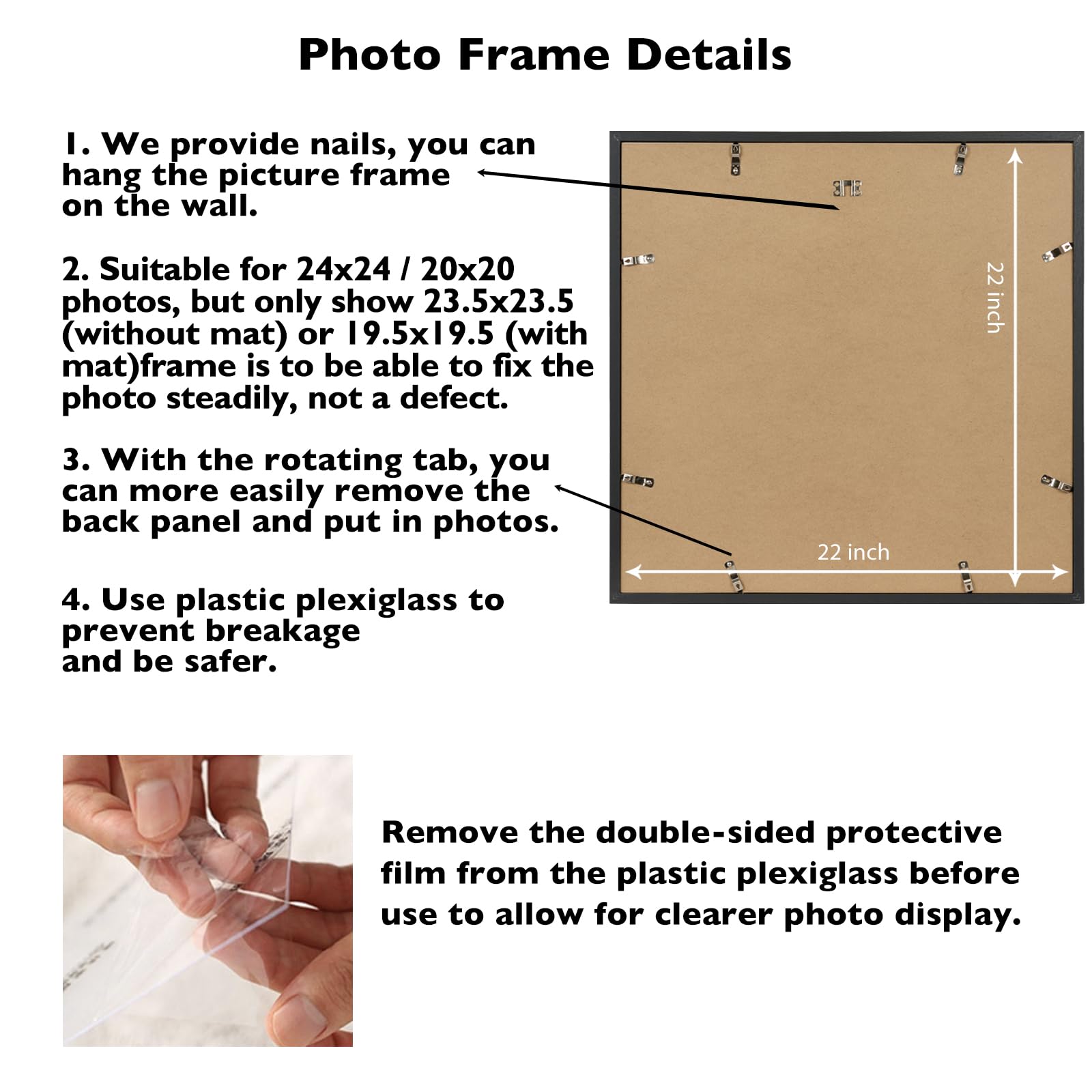 JCJMY 24x24 Picture Frame Black with 20x20 Mat, Display Photo 20x20 with Mat or 24 x 24 Without Mat, Wall Hanging Large 24x24 Po