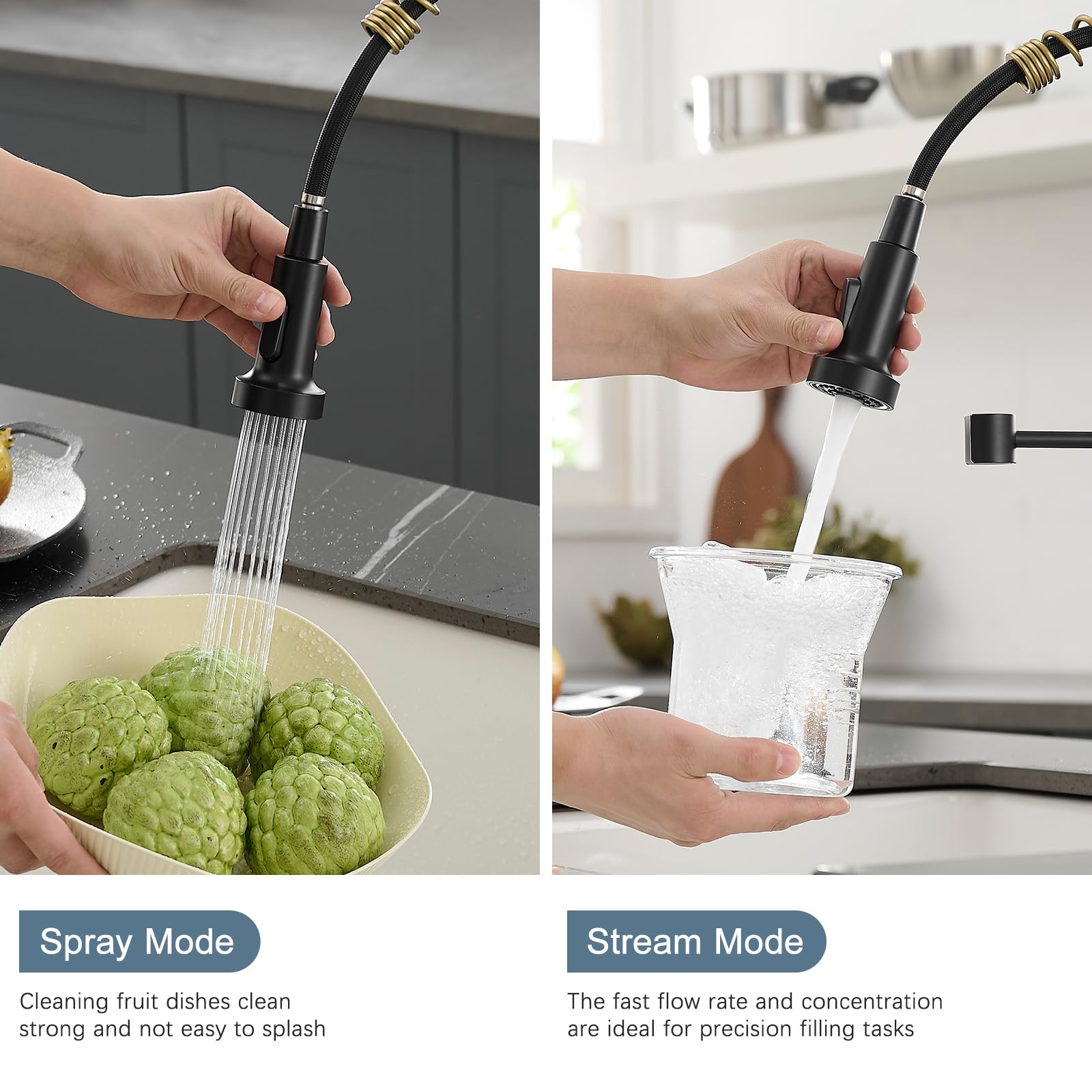 Aimadi Matte Black Kitchen Faucet,Black And Gold Kitchen Faucet With Pull Down Sprayer Commercial Single Handle Spring Kitchen F