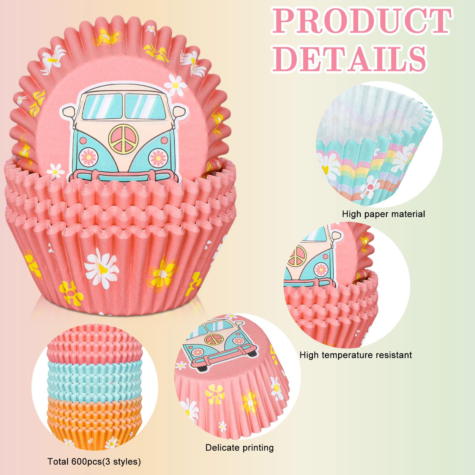 Whaline 600Pcs Back To School Hippie Bus Cupcake Liners Retro Groovy Party Cupcake Wrappers Cartoon Bus Paper Baking Cups Baking