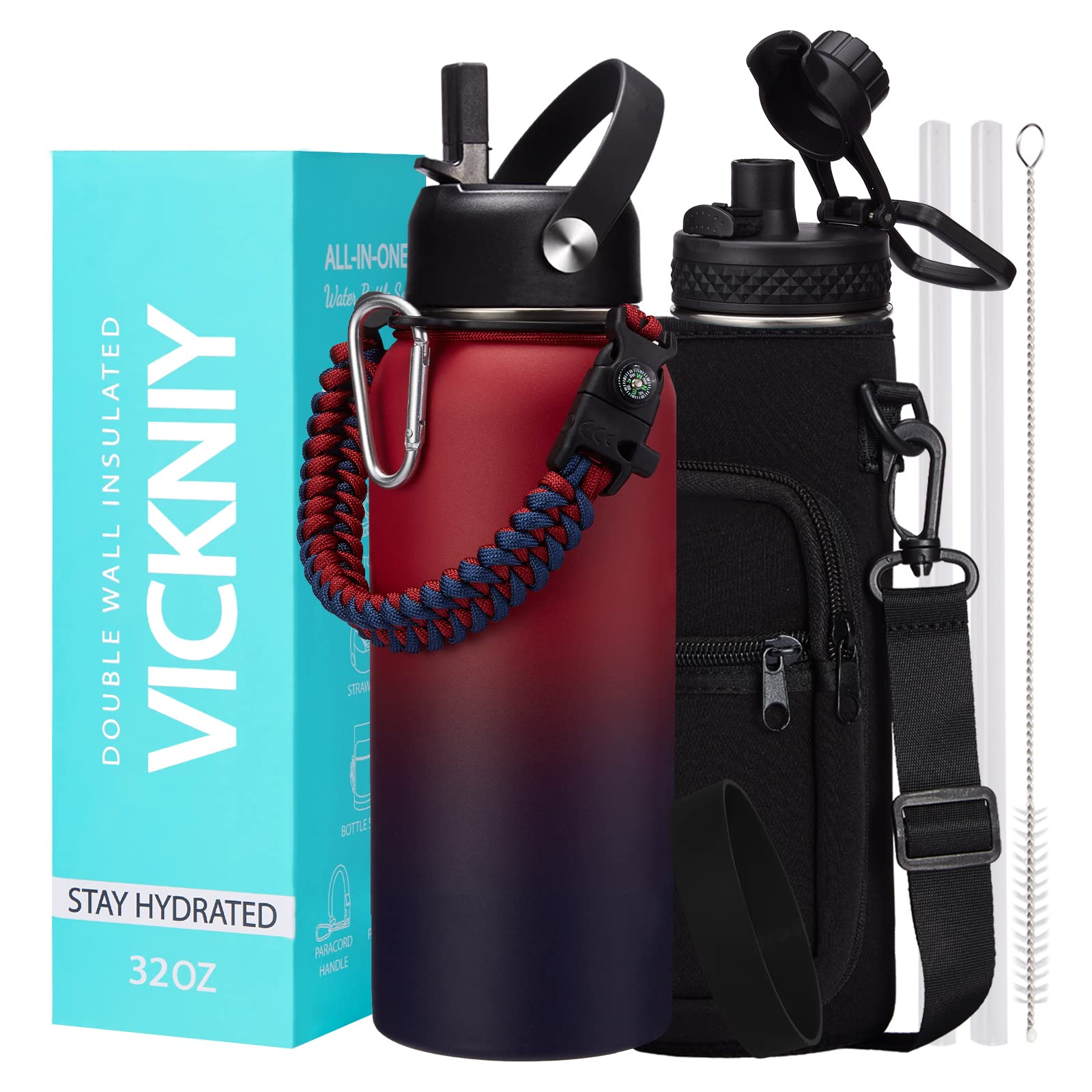 Insulated Water Bottle 32 Oz - Straw & Chug Lid, Paracord Handle, Metal Water Bottles Holder With Strap, Water Bottle Boot, Doub
