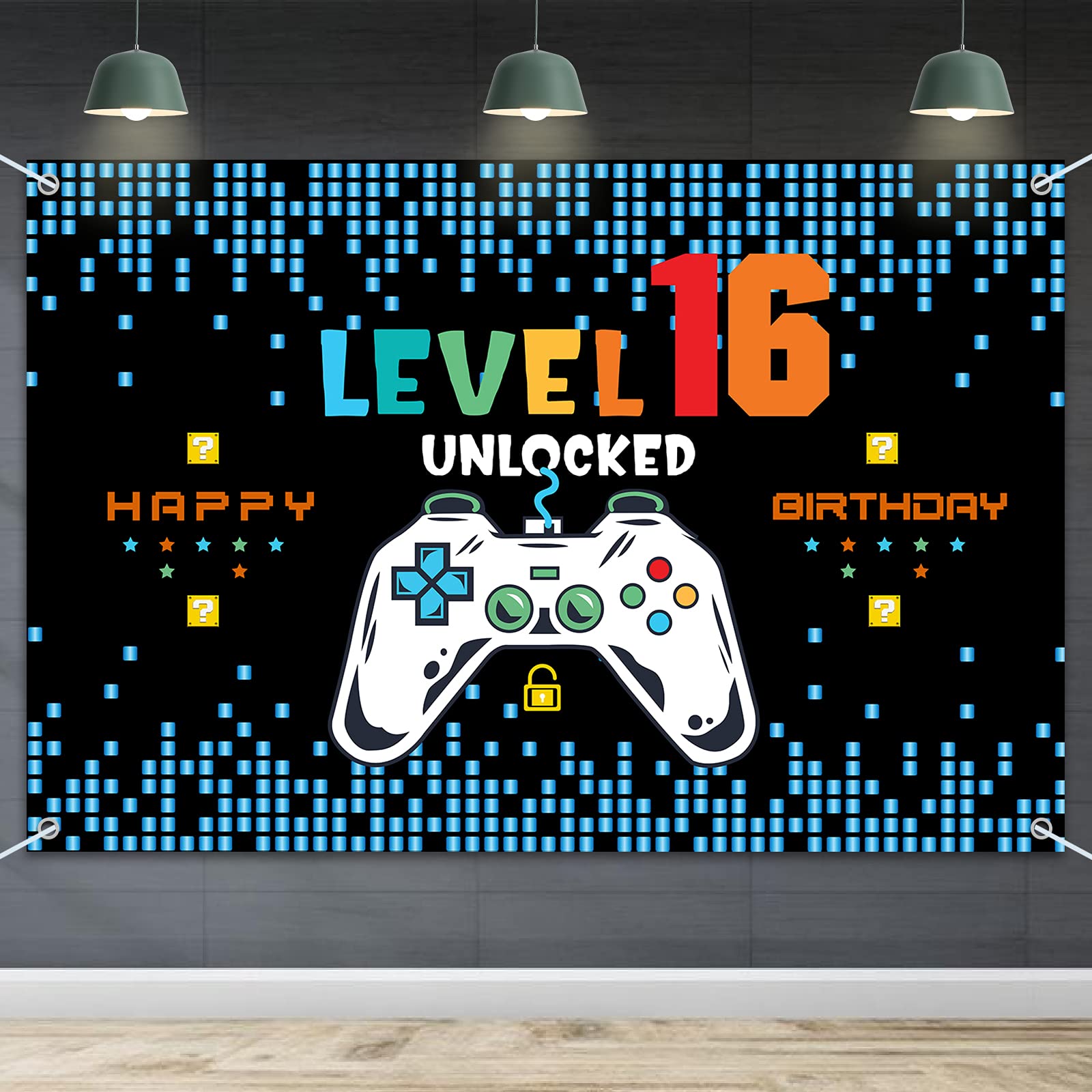 Hamigar 6X4Ft Happy 16H Birthday Baner Backdrop - Level 16 Unlocked Birthday Decorations Party Supplies For Boys - Blue