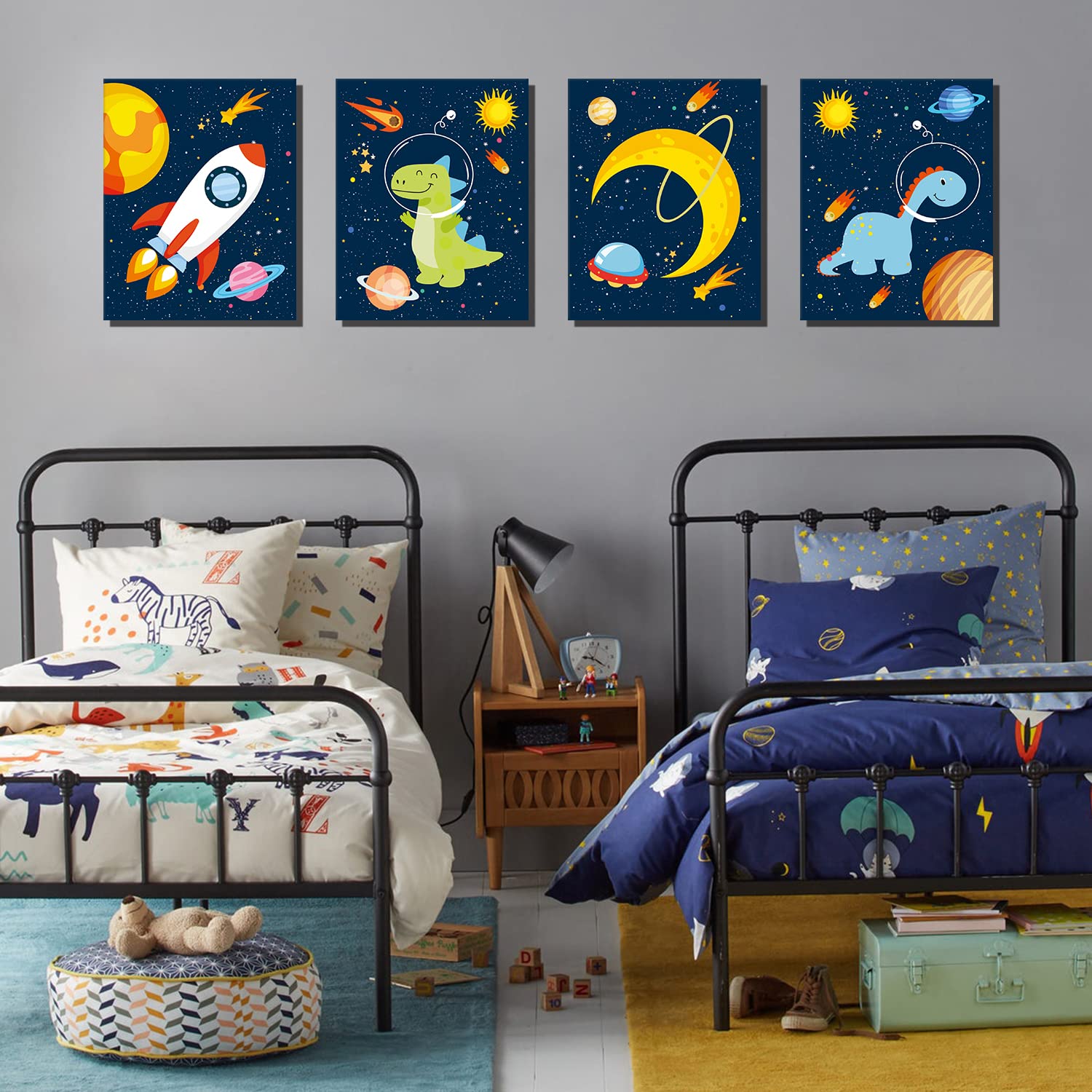 Kairne Outer Space Dinosaur Room Decor,Solar System Stars Wall Canvas Poster,Set Of 4 (12X16Inch,Framed) Planet Astronaut Art Pr