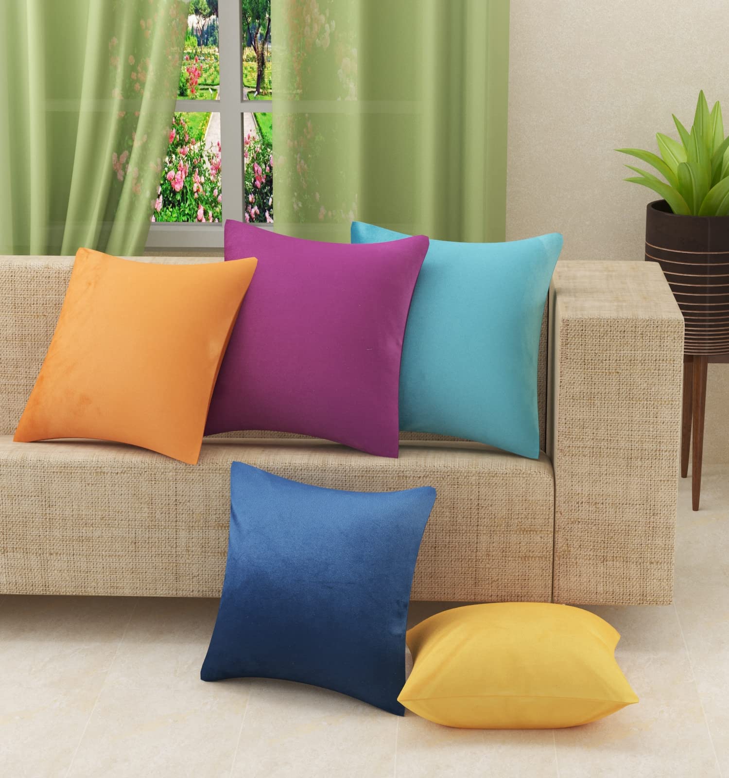 Stuffique Velvet Throw Pillow Cover Solid Plain Cushion Covers Set Of 5 For Sofa Couch Bed Chair 12 X 12 Inch, Multi5-190 Tc